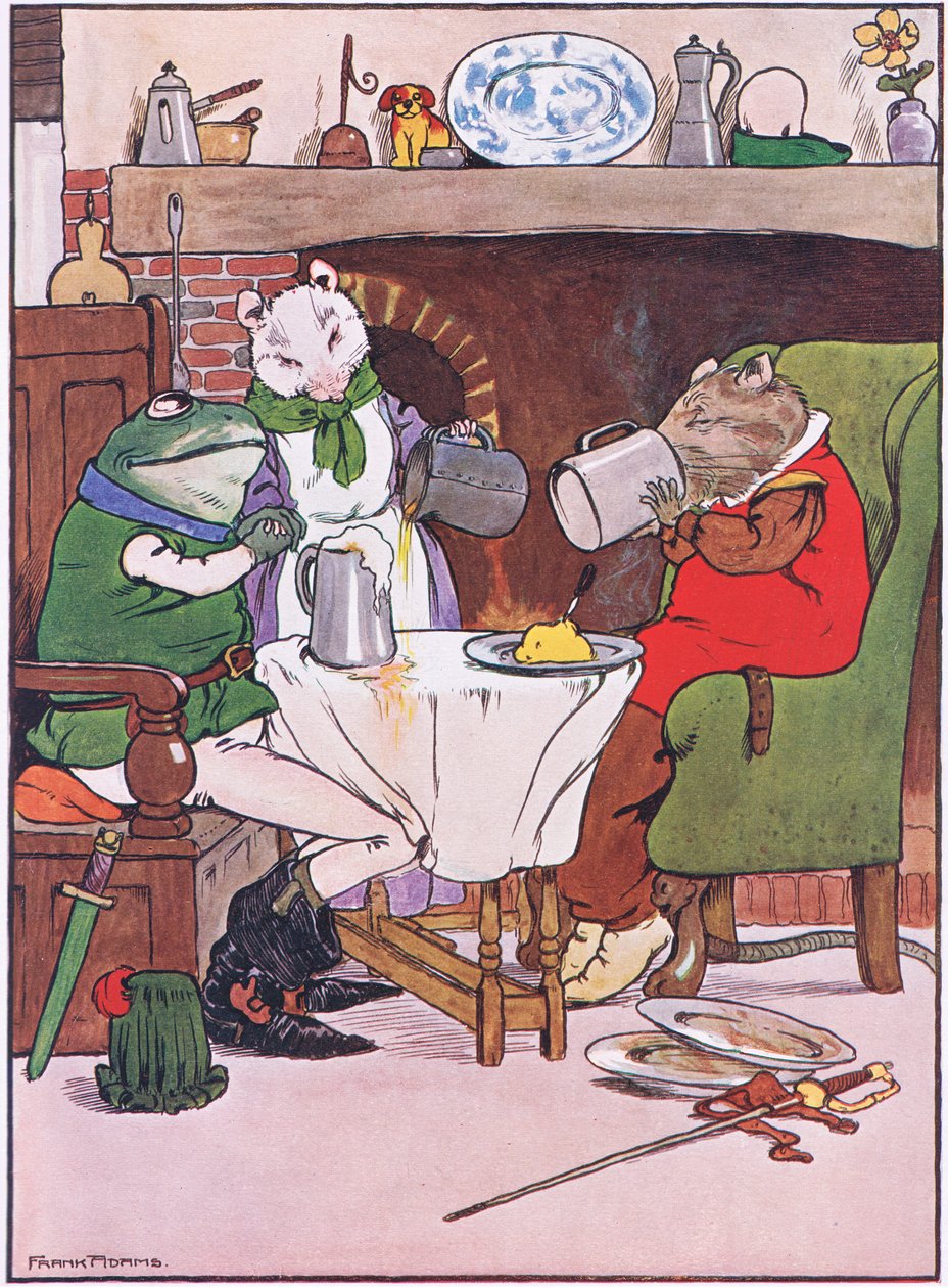 Modlete se, paní Mouse, dala byste nám nějaké pivo, ilustrace z „The Frog would a Wooing Go“ od Charlese H. Bennetta, 1916 od Frank Adams