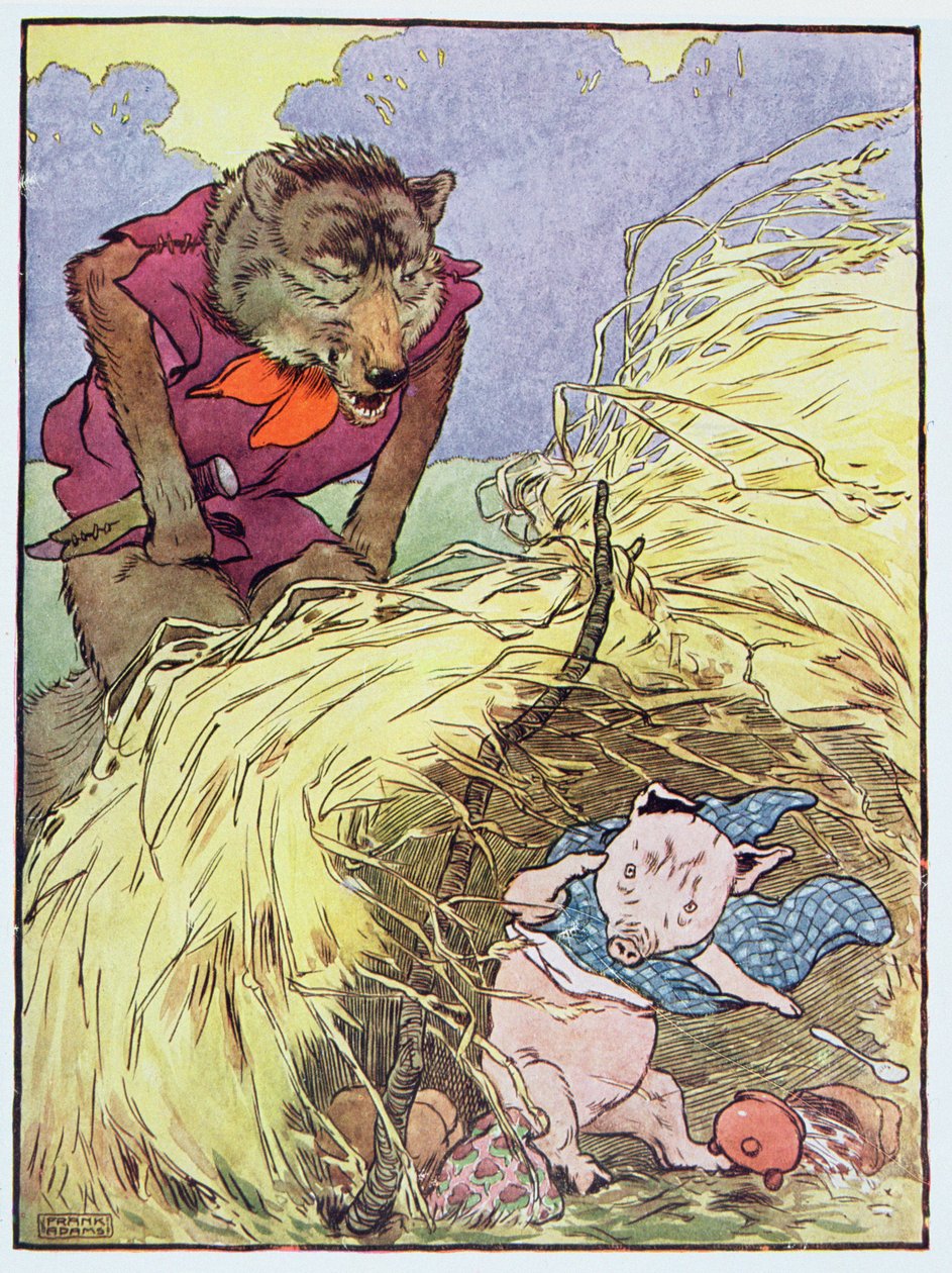 „Takže funěl a funěl, dokud neodfoukl dům ze slámy“, ilustrace z „Tři prasátka“, vydaného ve 30. letech 20. století od Frank Adams