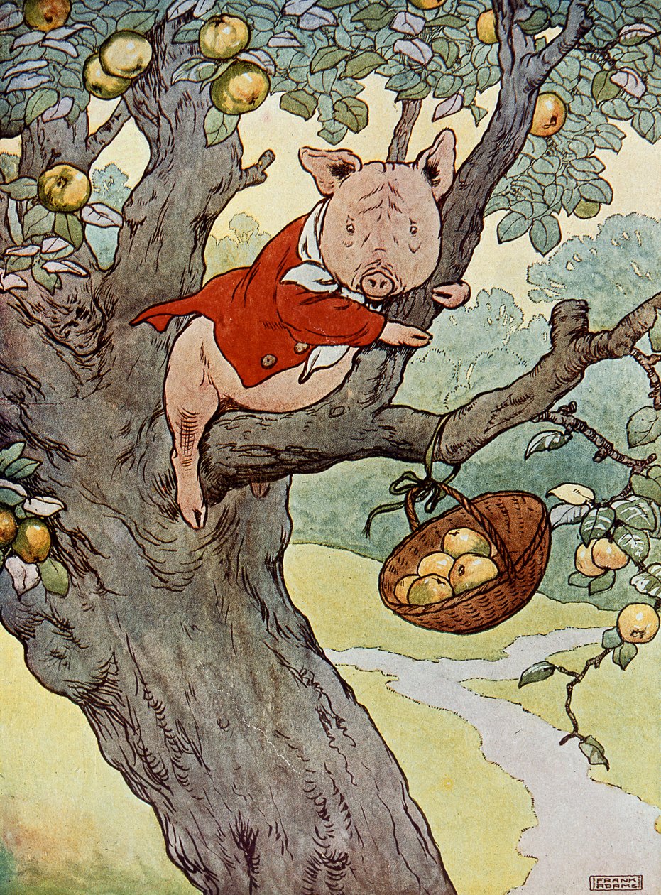 „Takže zůstal tam, kde byl, cítil se velmi vyděšený“, ilustrace z „Tři prasátka“, vydané ve 30. letech 20. století od Frank Adams