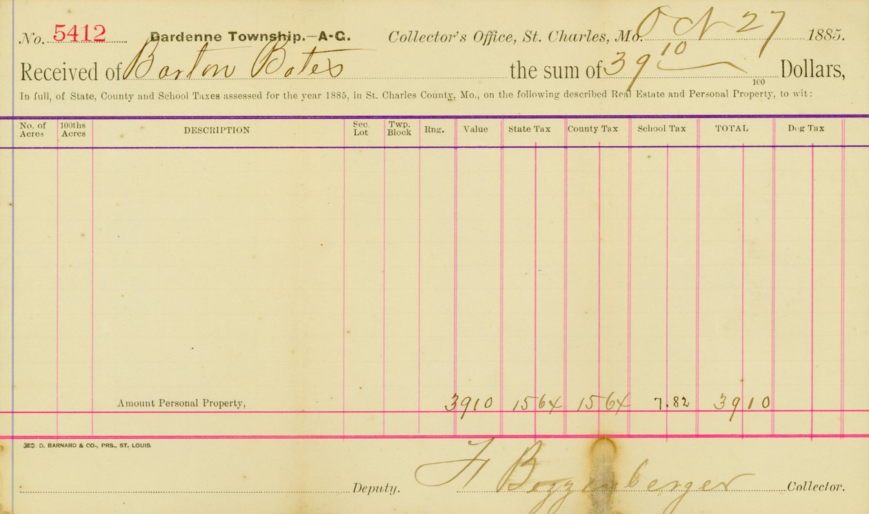 Daně vyměřené za rok 1885 v St. Charles County od Frank Bizzenberger