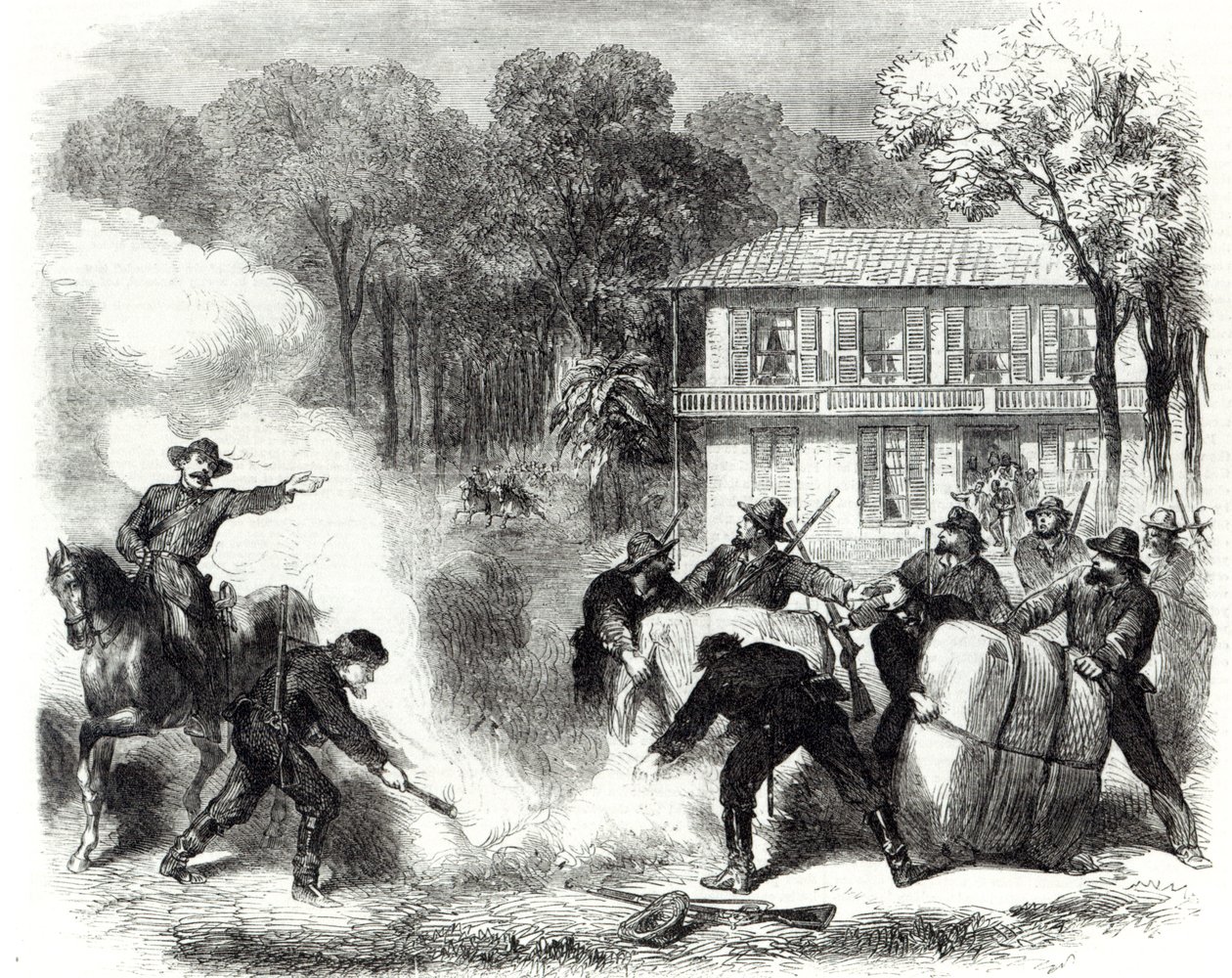 Konfederační spalovači bavlny poblíž Memphisu překvapeni federálními zvědy během americké občanské války, 1862 od Frank Vizetelly