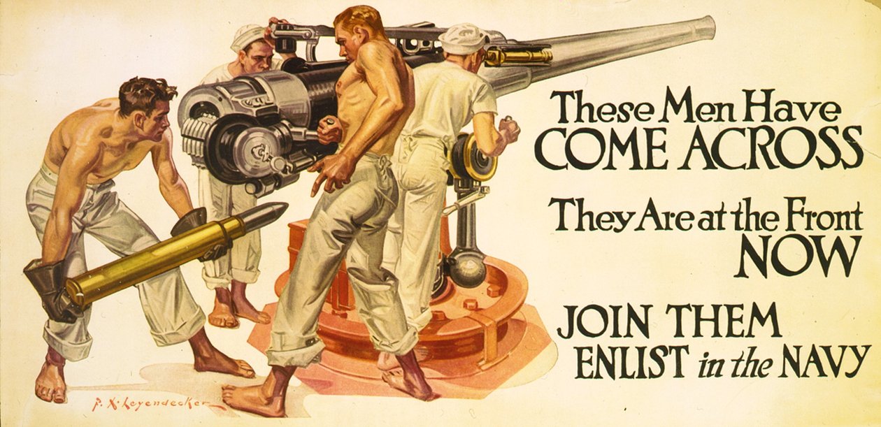 Tito muži přešli na druhou stranu, jsou nyní na frontě. Přidejte se k nim - přihlaste se k námořnictvu, cca 1918 (litografie) od Frank Xavier Leyendecker
