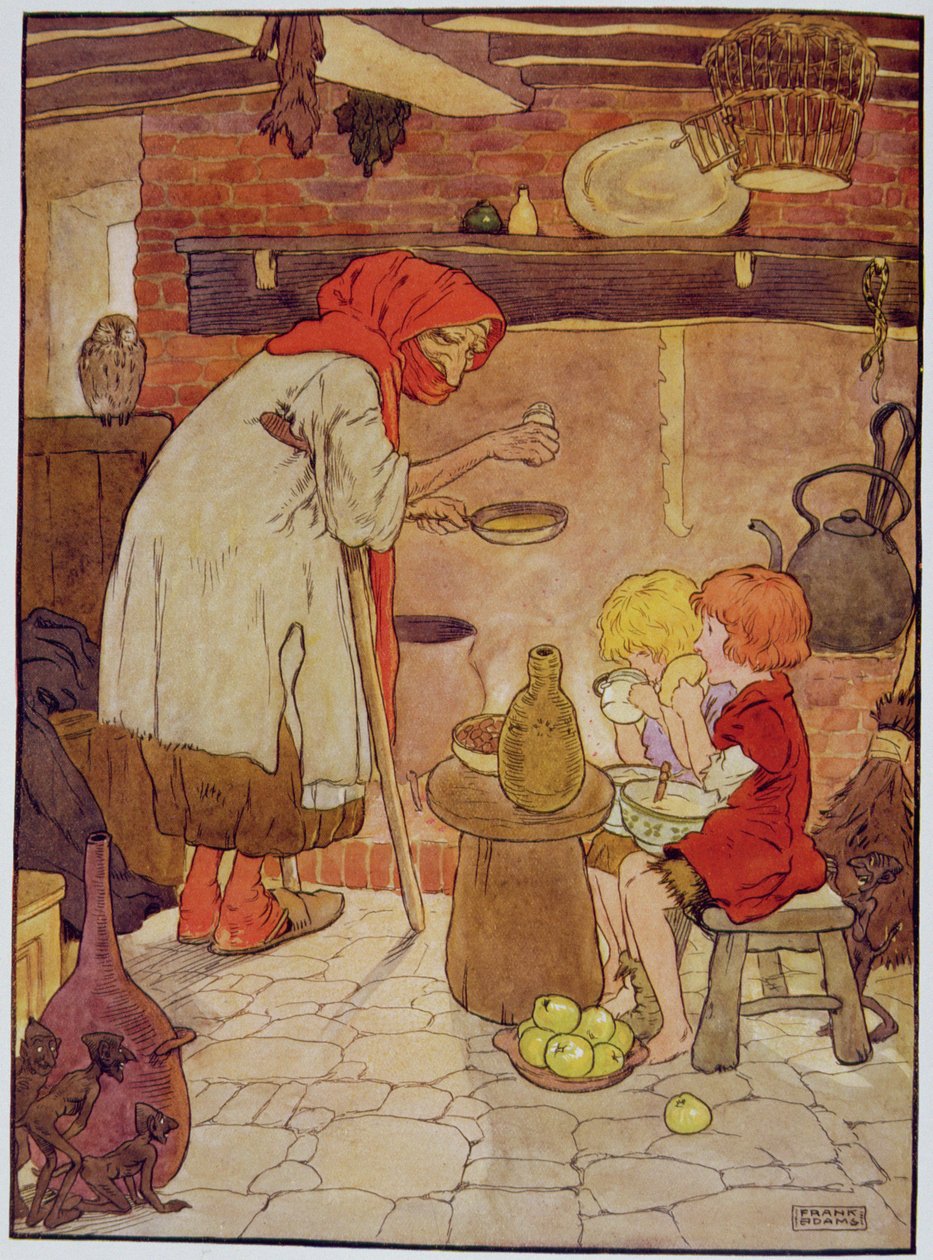 Jeníček a Mařenka jsou krmeni čarodějnicí, ilustrace z „Krásné knihy říkanek, příběhů a obrázků“ od Franka Adamse, nakladatelství Blackie und Son od Frank Adams