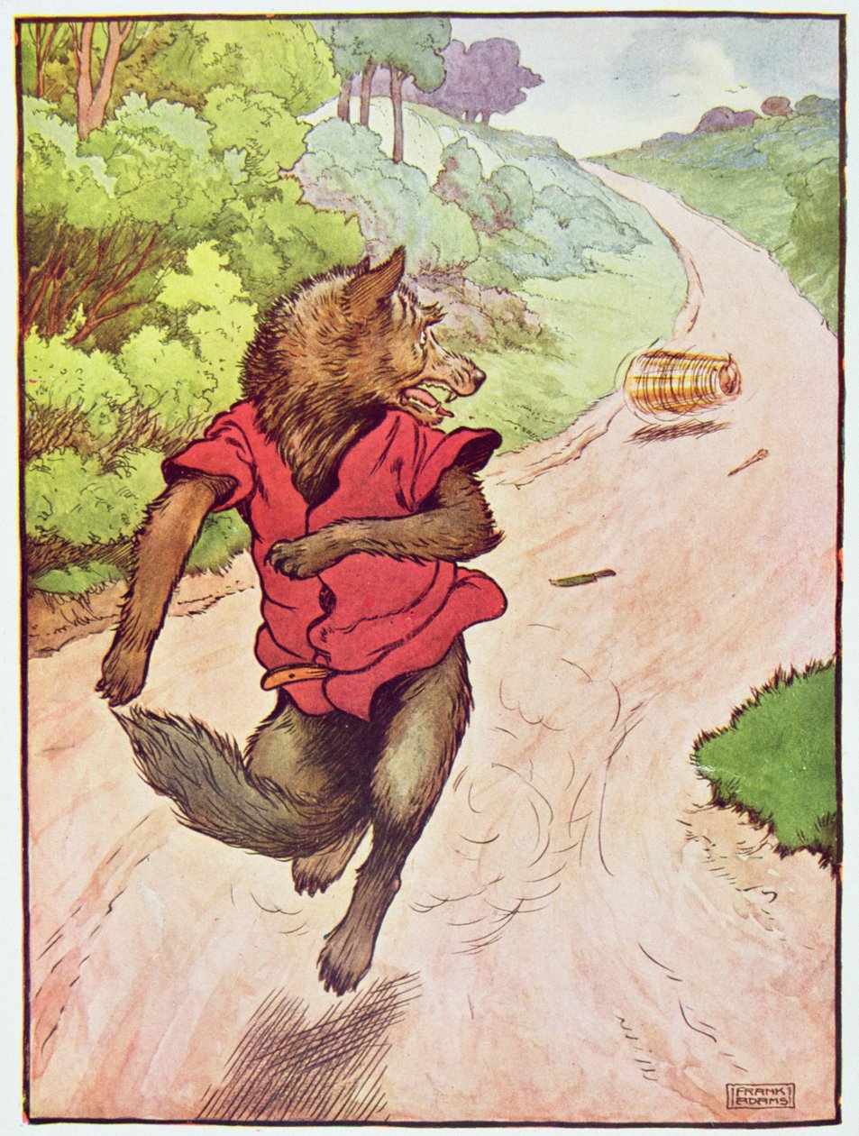 „Utekl tak rychle, jak mu nohy stačily“, ilustrace z „Tři prasátka“, vydaného ve 30. letech 20. století (barevné lito) od Frank Adams