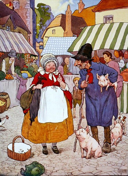 Ilustrace z „Krásné knihy říkanek, příběhů a obrázků“, kterou vydalo nakladatelství Blackie & Son (barevné lito) od Frank Adams