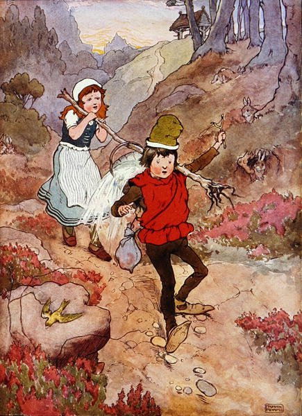 Jack a Jill, ilustrace z „Nádherné knihy říkanek, příběhů a obrázků“ od Franka Adamse, vydané nakladatelstvím Blackie & Son (barevné lito) od Frank Adams