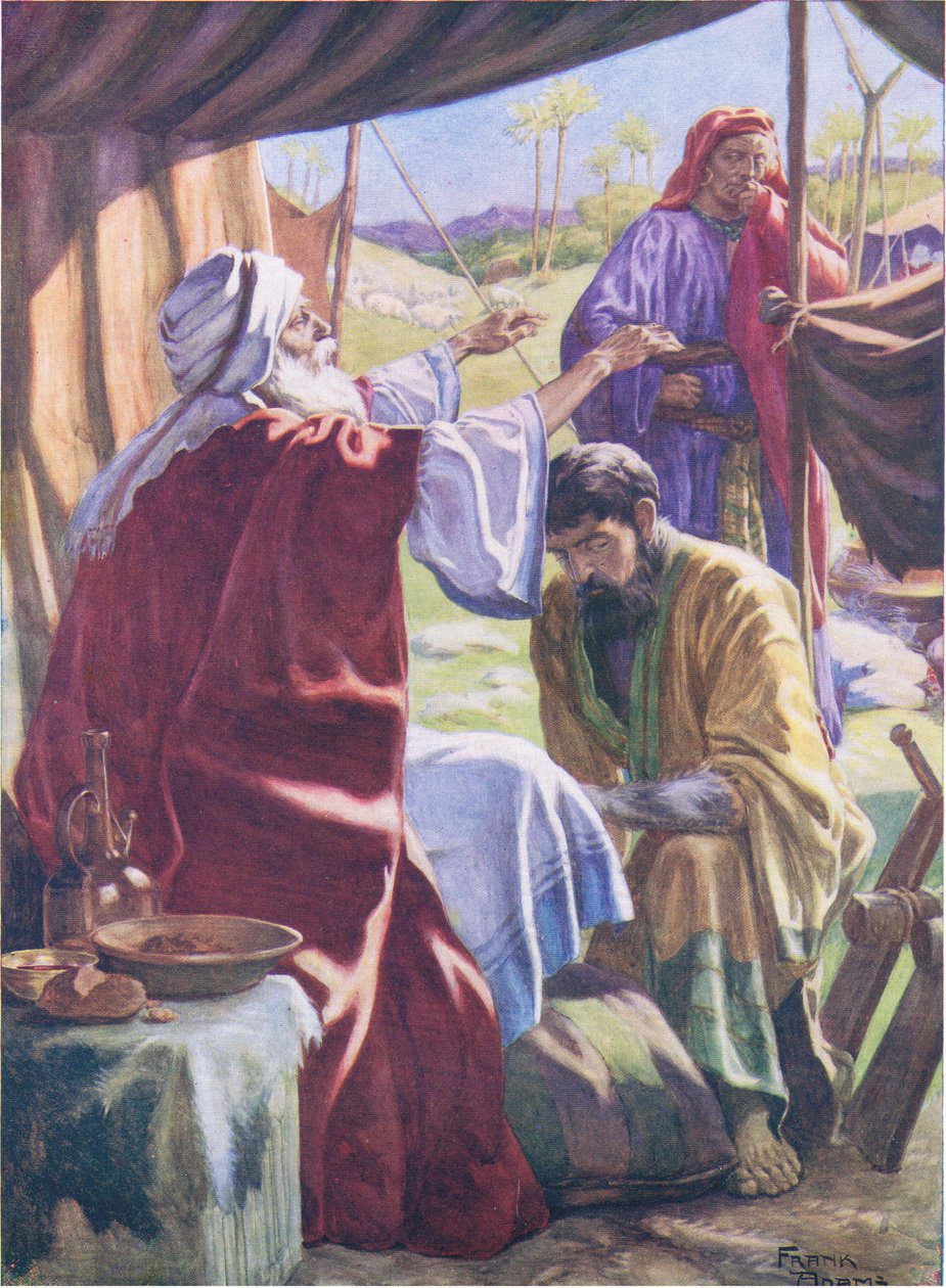 Jacob získává požehnání z knihy The Bible Picture Book vydané Thomasem Nelsonem, kolem roku 1950 (barevné lito) od Frank Adams