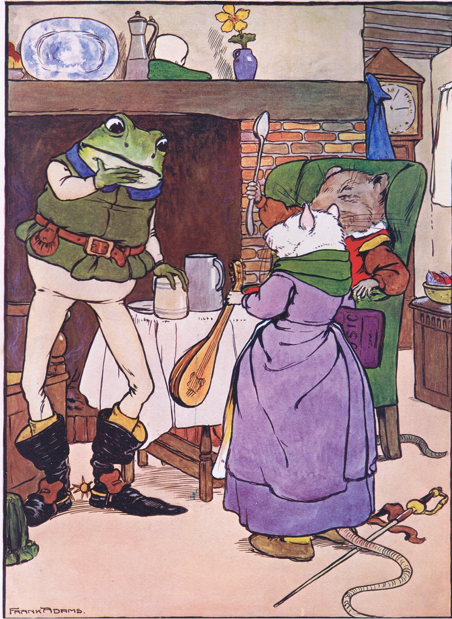 Modlete se, Mistress Mouse, dáš nám píseň, ilustrace z „The Frog would a Wooing Go“, od Charlese H. Bennetta, 1916 od Frank Adams
