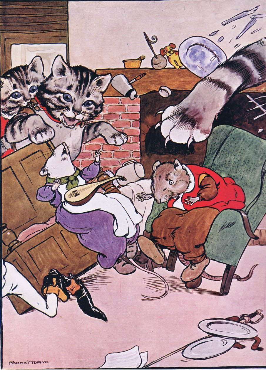 Kočka a její koťata přiběhla, ilustrace z knihy "The Frog would a Wooing Go", Charles H. Bennett, 1916 od Frank Adams