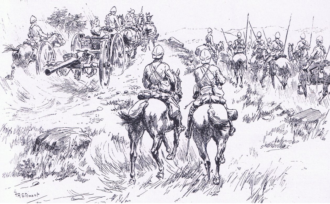 Bullers kavalérie a dělostřelectvo postupují na Bergendal, ilustrace z Po Pretorii: Guerilla War, 1902 od Frank Algenon Stewart