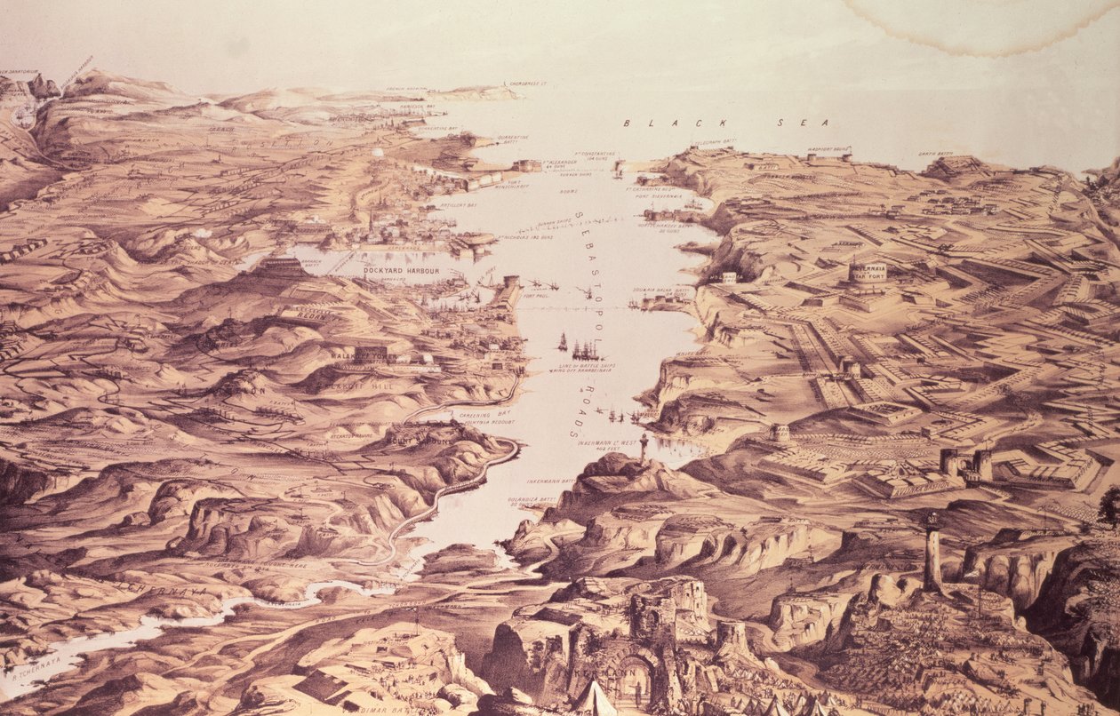 Panoramatický pohled na severní a jižní stranu přístavu a přístav Sebastopol, návrh a litografie Thomas Packer, vyd. Stannard a Dixon, 1855. od Frank C. Hughes