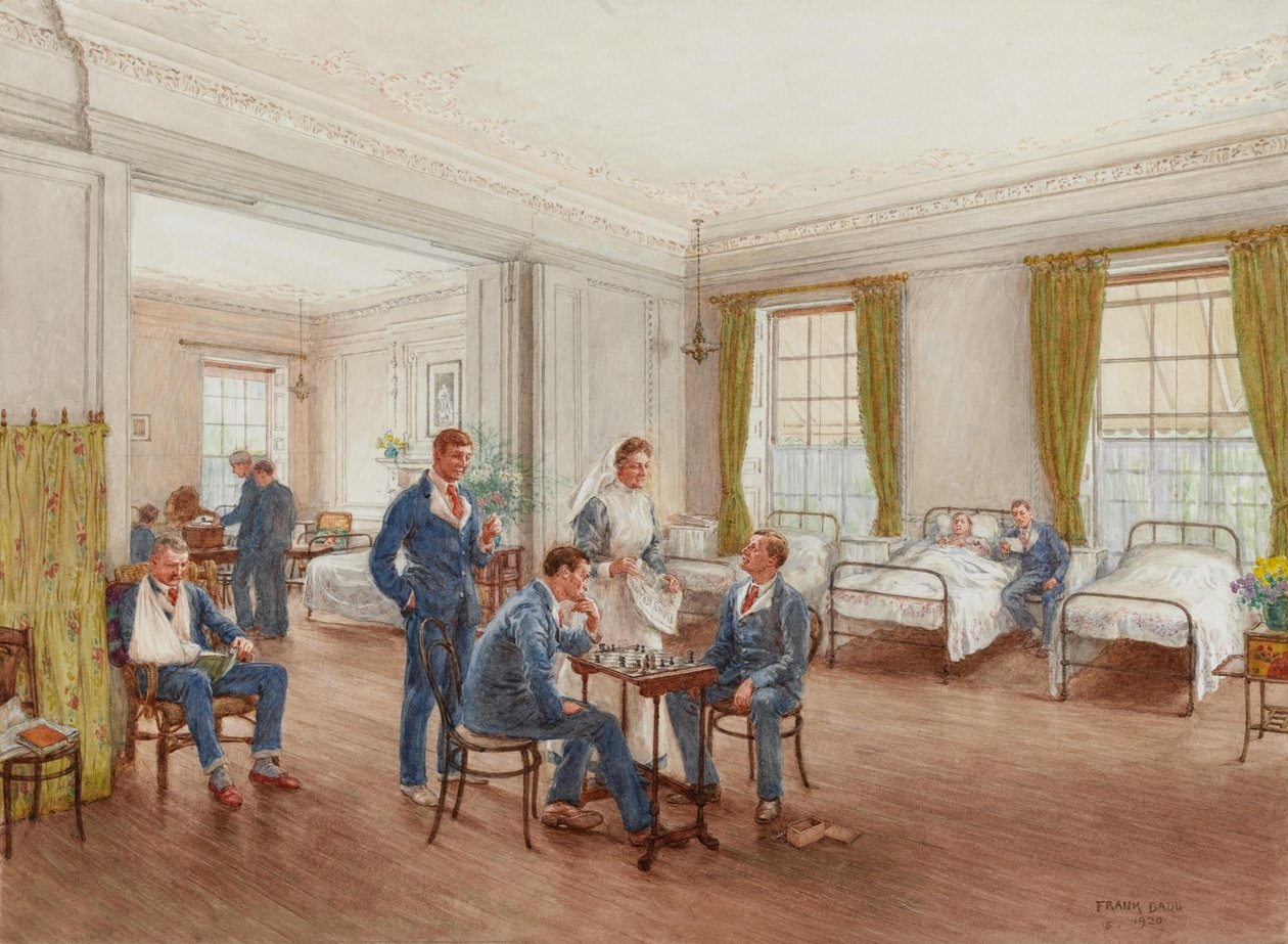 Rekonvalescující vojáci hrající šachy na oddělení v nemocnici Sulhampstead House, Berkshire, kolem roku 1918 (wc na papíře) od Frank Dadd