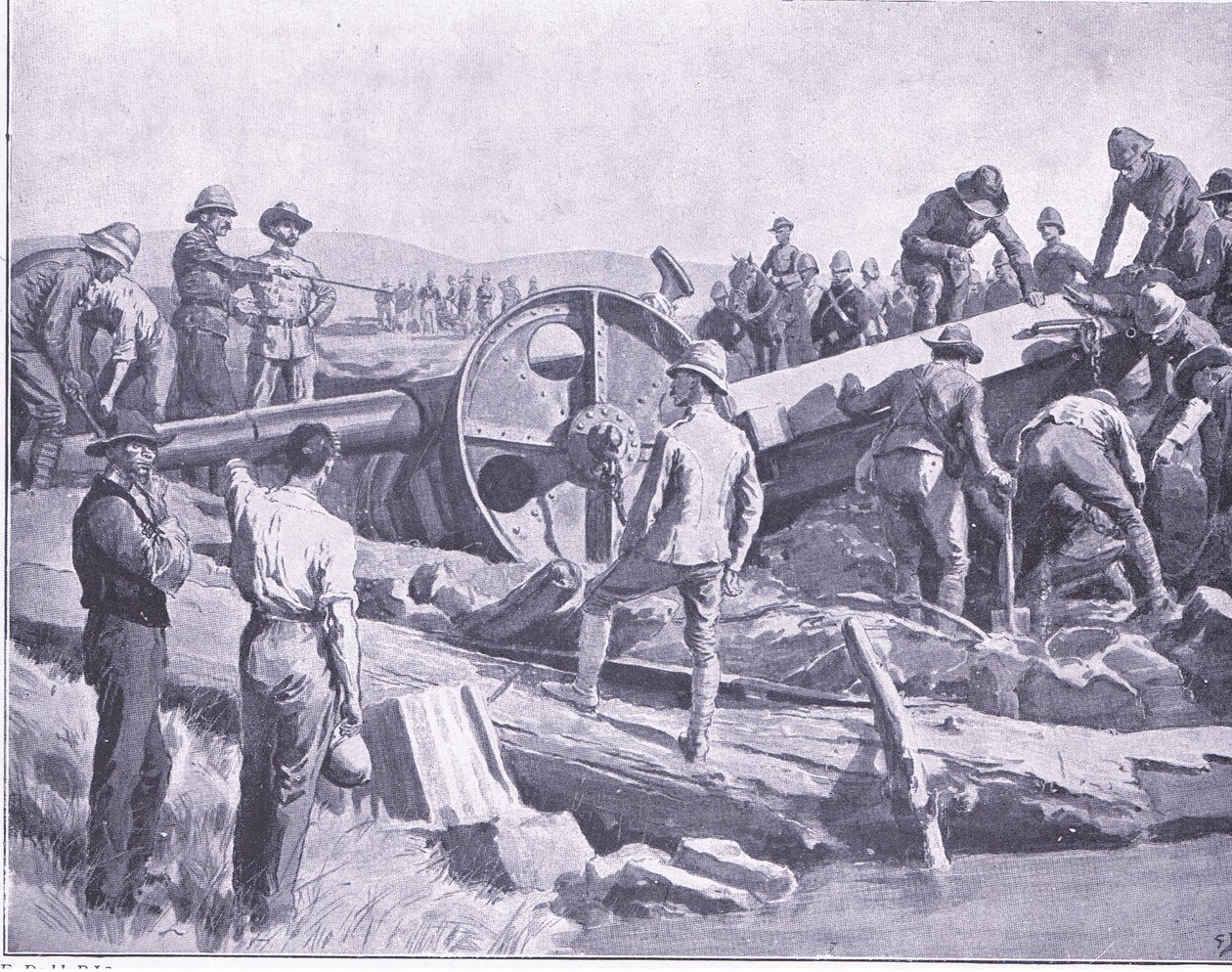 Dostat zbraň přes ošklivé místo, ilustrace z After Pretoria: The Guerilla War, 1902 od Frank Dadd