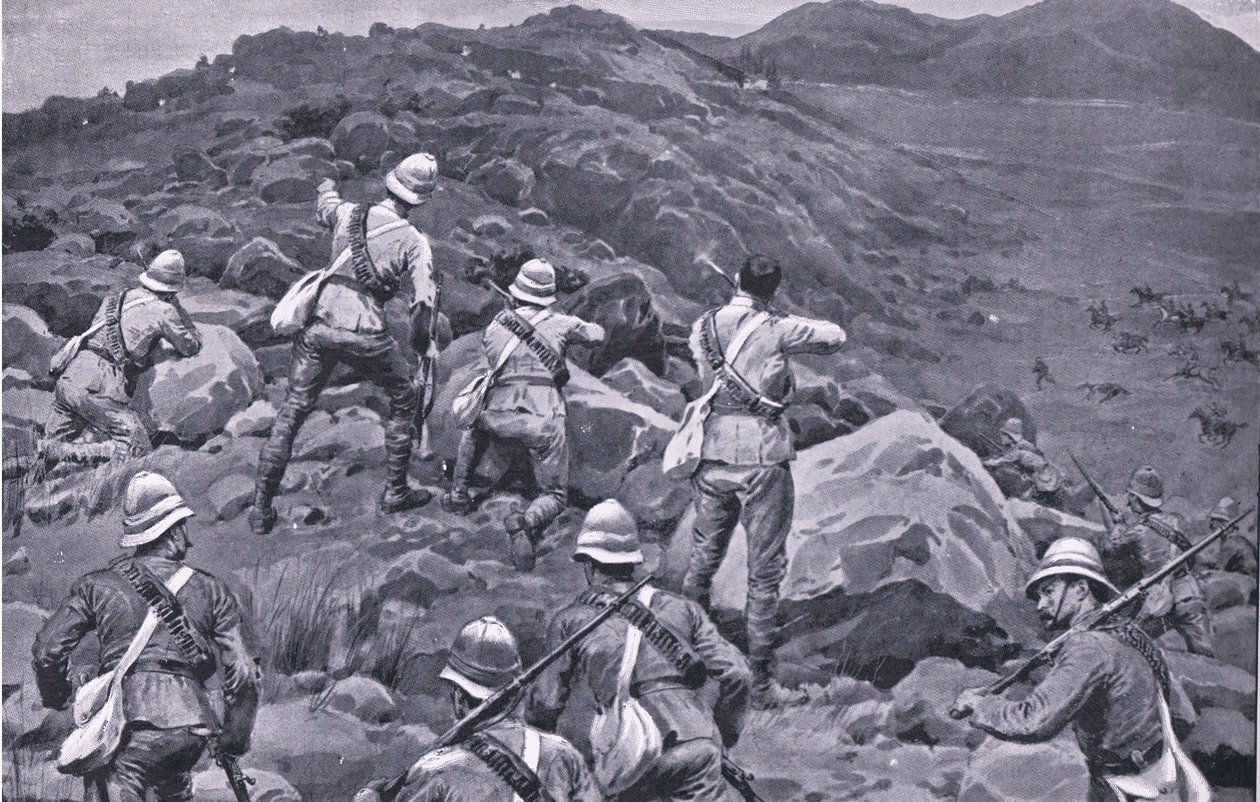 Pronásledování De Wetova zadního voje v Takesbergu, z After Pretoria: The Guerilla War vydané Harmsworth Bros Limited od Frank Dadd