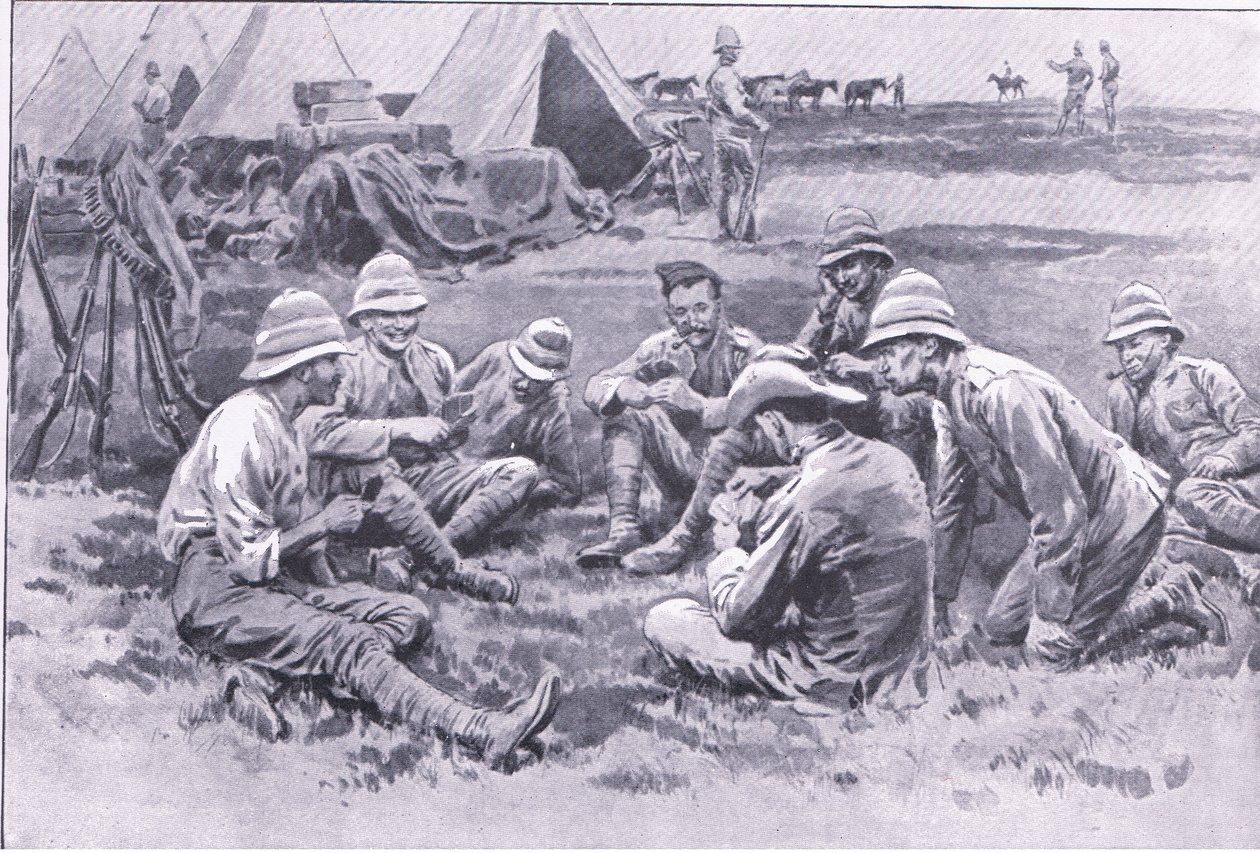 Unavení vojáci užívající si odpočinku, z After Pretoria: The Guerilla War vydané nakladatelstvím Harmsworth Bros Limited, 1901 od Frank Dadd