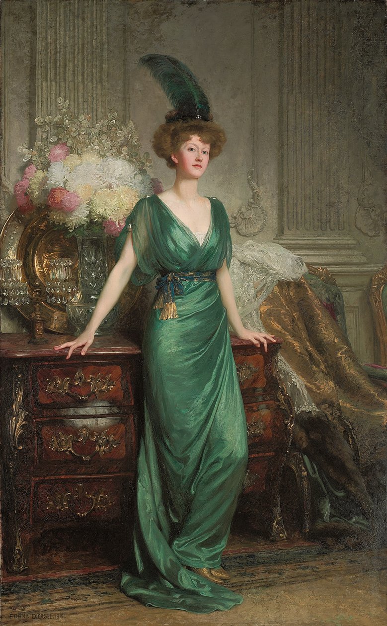 Portrét Hon. Paní Ernest Guinness, stojící, na sobě smaragdové šaty a pero, 1912 od Frank Dicksee