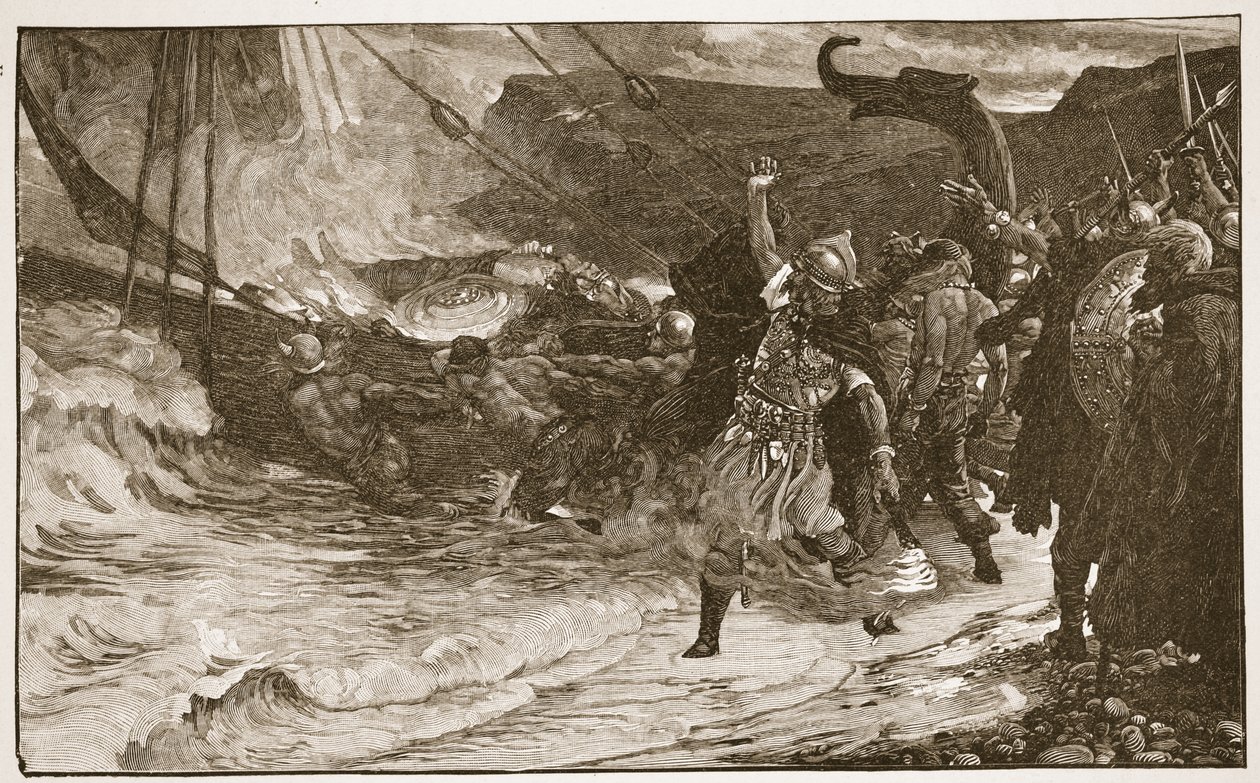 Pohřeb Vikinga, ilustrace z knihy "The Church of England: Spence-Jones, vyd. cca 1910 (sépiová fotografie). od Frank Dicksee