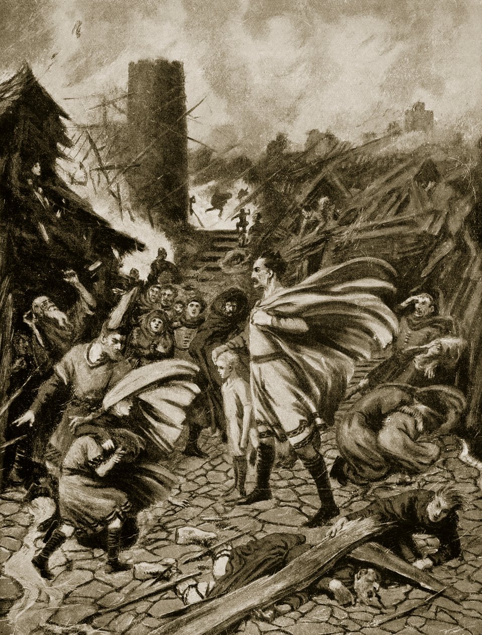 Vichřice roku 1091, ilustrace z „Hutchinsonova příběhu britského národa“, kolem roku 1920 (litho) od Frank Gillett