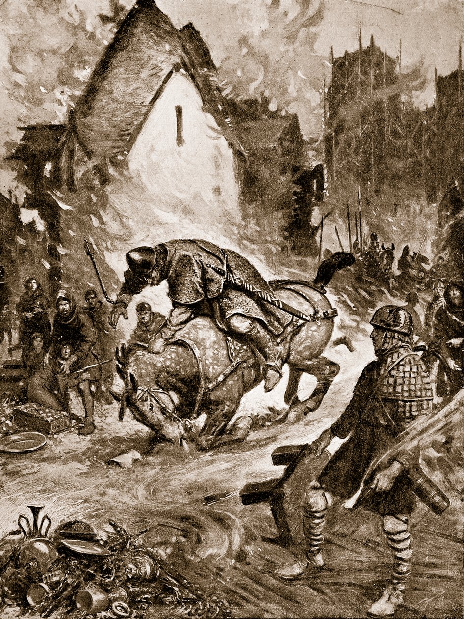 William se smrtelně zranil v Mantes, ilustrace z „Hutchinsonova příběhu britského národa“, kolem roku 1920 od Frank Gillett