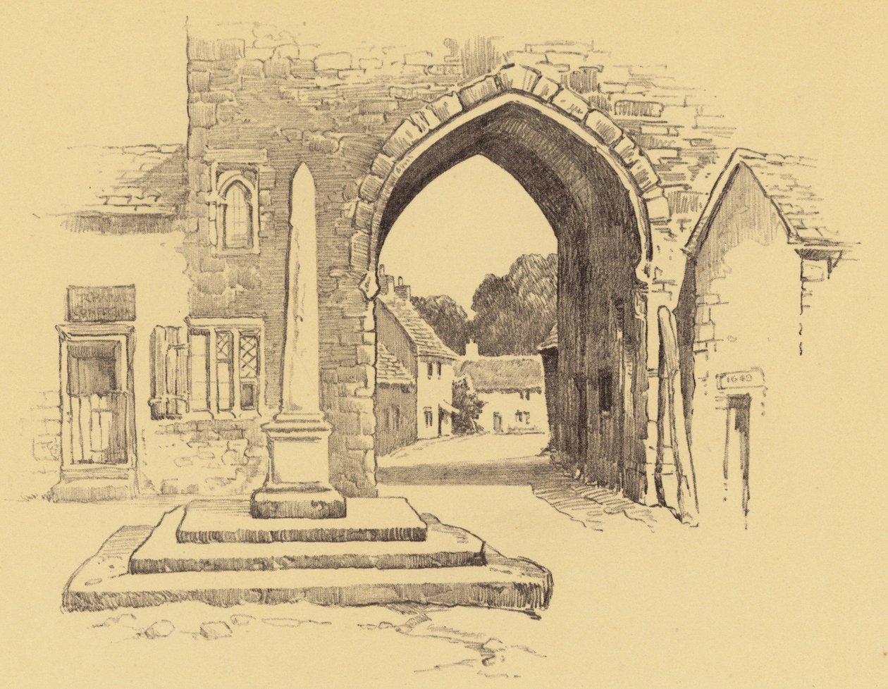 Cartmel, Brána opatství (litografie) od Frank Greenwood