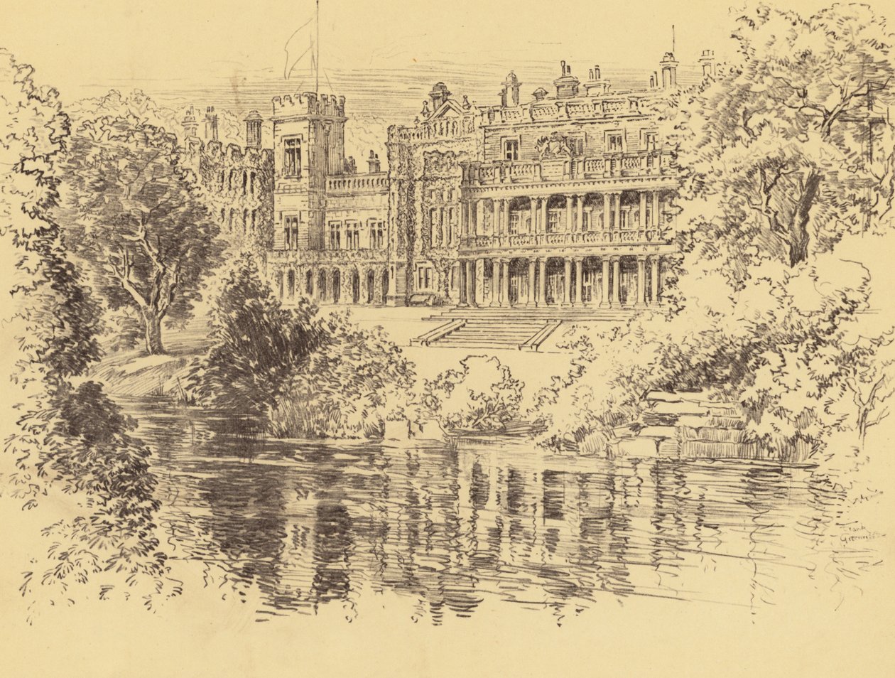 Knowsley Hall (litografie) od Frank Greenwood