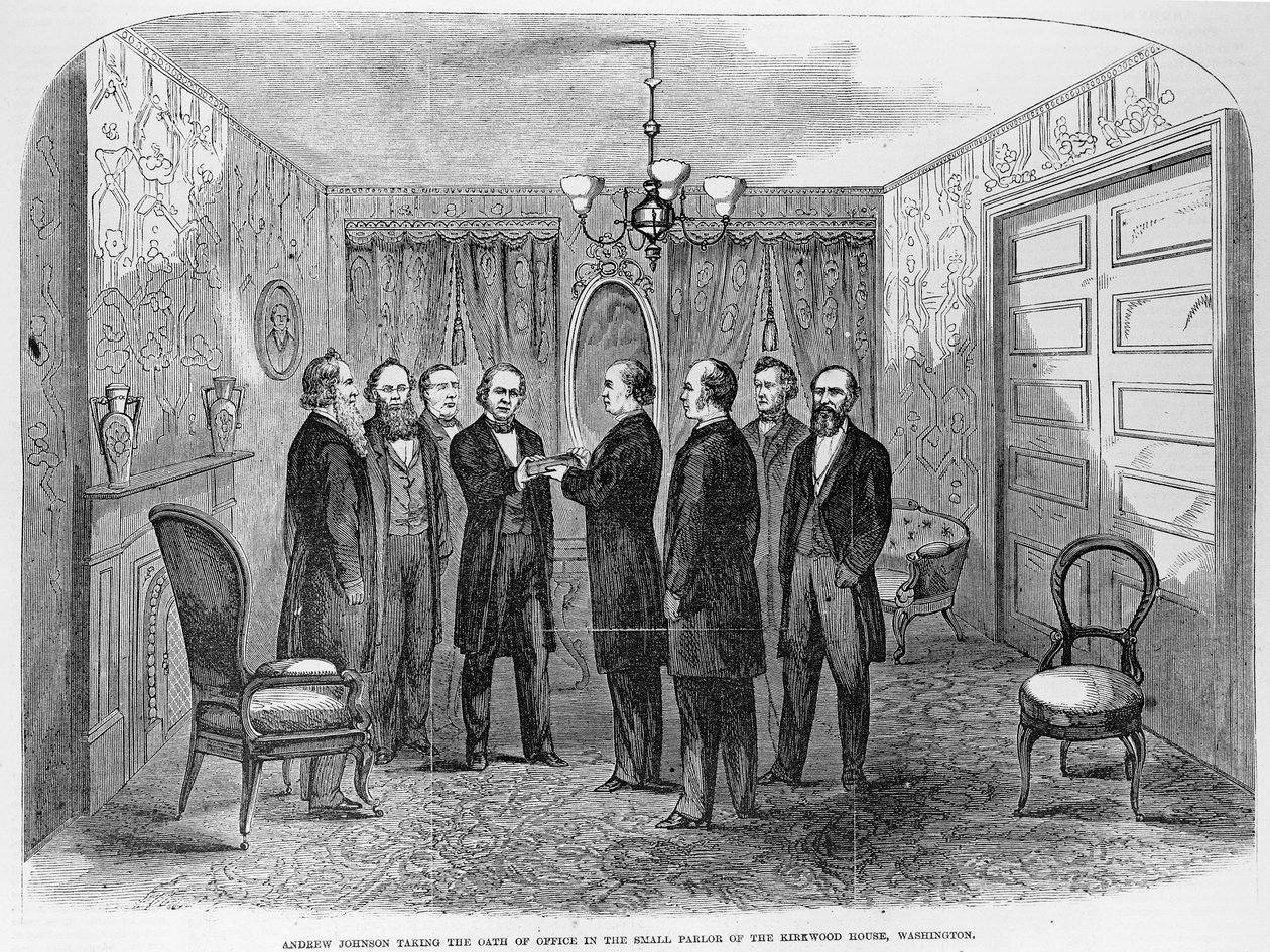 Prezident Johnson (1808-75) skládající přísahu z „Ilustrovaných novin Franka Leslieho“, 6. ledna 1866 od Frank Leslie