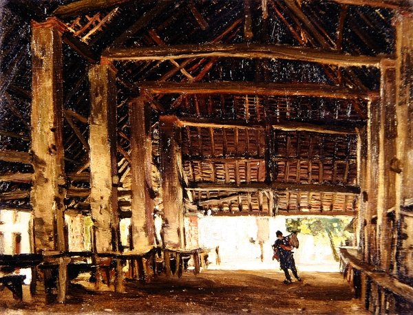 Velká stodola, Larchant (olej na palubě) od Frank Lewis Emanuel