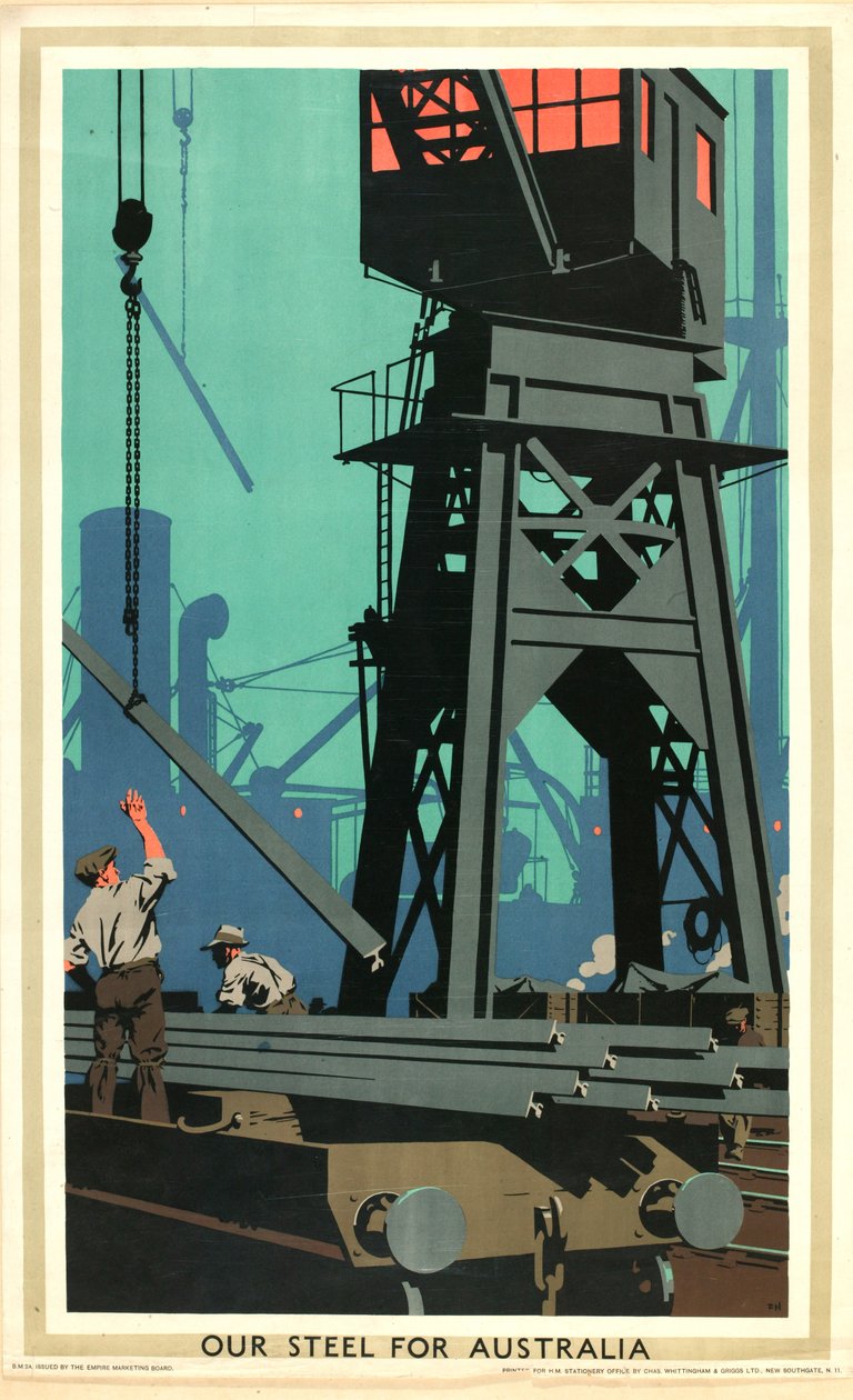Naše ocel pro Austrálii, ze série „Nákup impéria dělá zaneprázdněné továrny“ (barevné lito) od Frank Newbould