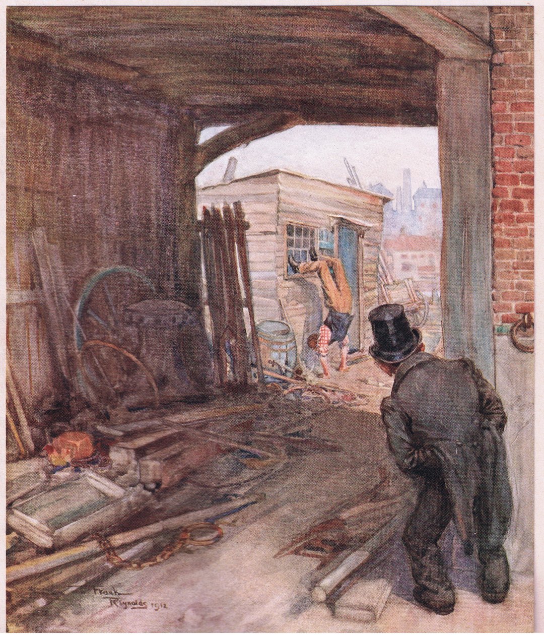Po příjezdu na místo určení se mu jako první naskytl pohled na pár velmi nedokonale obutých nohou ve vzduchu, asi 1920 (barevná litografie). od Frank Reynolds
