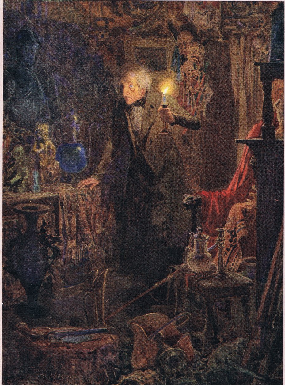 Byl to malý stařec s dlouhými šedivými vlasy, jehož tvář a postava, když držel světlo nad hlavou a díval se před sebe, asi 1920 (barevná litografie). od Frank Reynolds