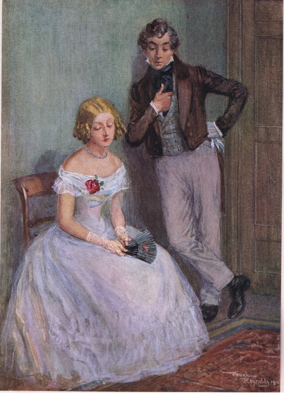 "Jsem si jistá, že nevím, co tím myslíte, pane Swivellere," řekla slečna Sophy se sklopenýma očima , cca 1920 (barevná litografie). od Frank Reynolds