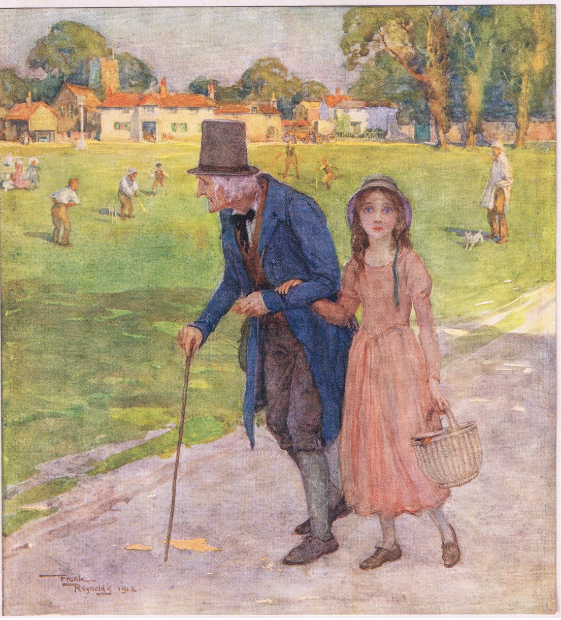 Bylo to velmi malé místo. Muži a chlapci hráli kriket na zeleném trávníku, asi 1920 (barevná litografie) od Frank Reynolds