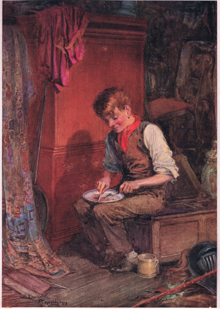 Kit odnesl do kouta velký krajíc chleba s masem a s velkou vervou se ho pustil do likvidace , asi 1920 (barevná litografie) od Frank Reynolds