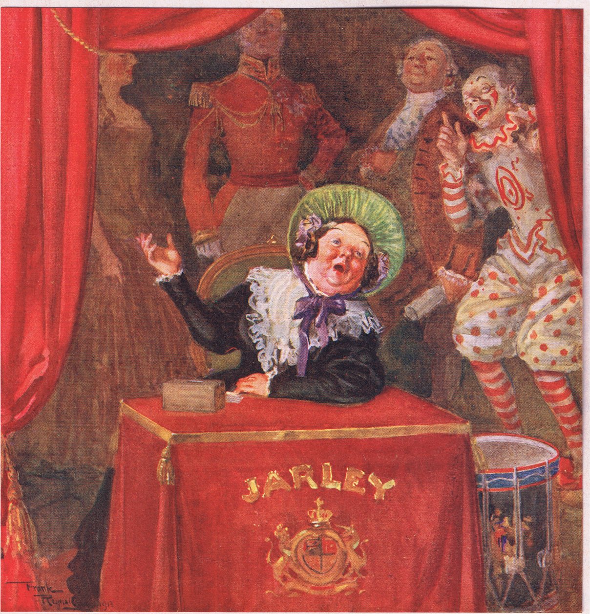 Paní Jarleyová sedí na výplatním místě a od poledne do večera cinká stříbrnými penězi , asi 1920 (barevná litografie) od Frank Reynolds