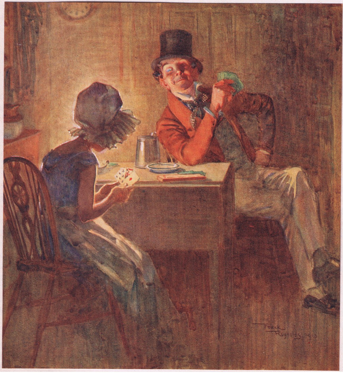 Paní markýza drží karty pevně v obou rukou a zvažuje, s kterými bude hrát, cca 1920 (barevná litografie) od Frank Reynolds