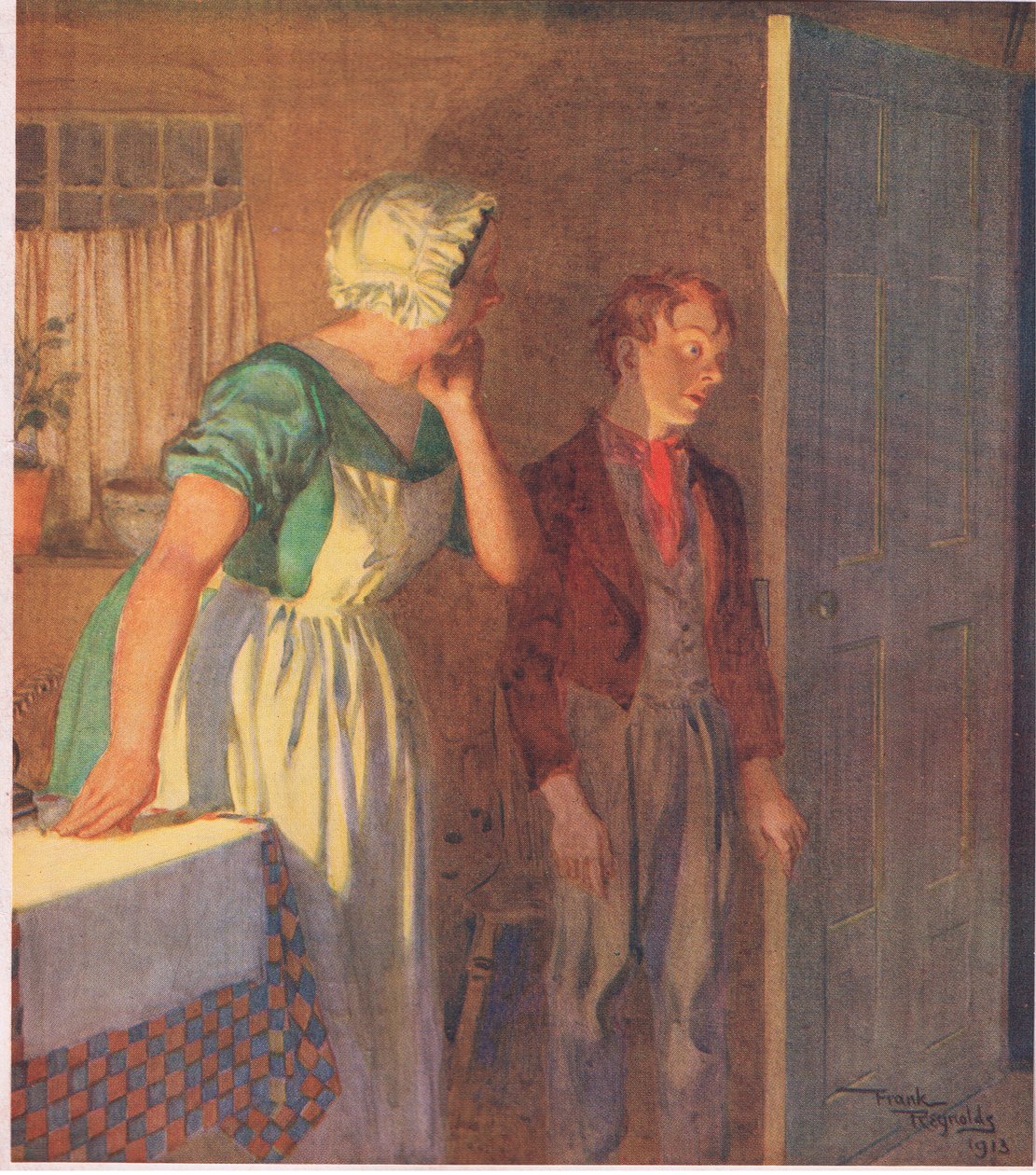 Dítě spěchalo ke dveřím a zmizelo stejně rychle, jako přišlo, cca 1920 (barevná litografie). od Frank Reynolds