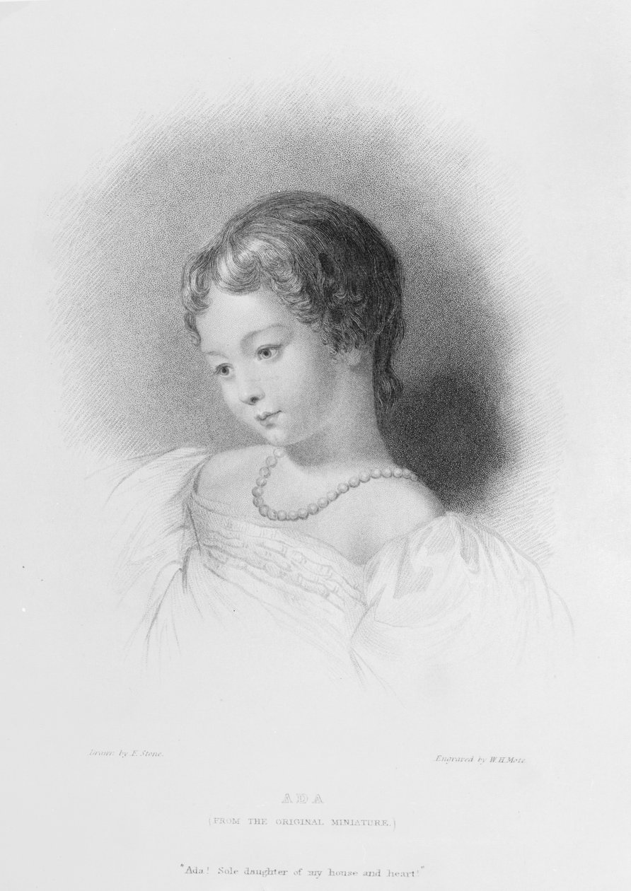 Portrét Augusty Ady Byronové (1815-52) vyrytý W. H. Mote (fl. 1842-64) od Frank Stone