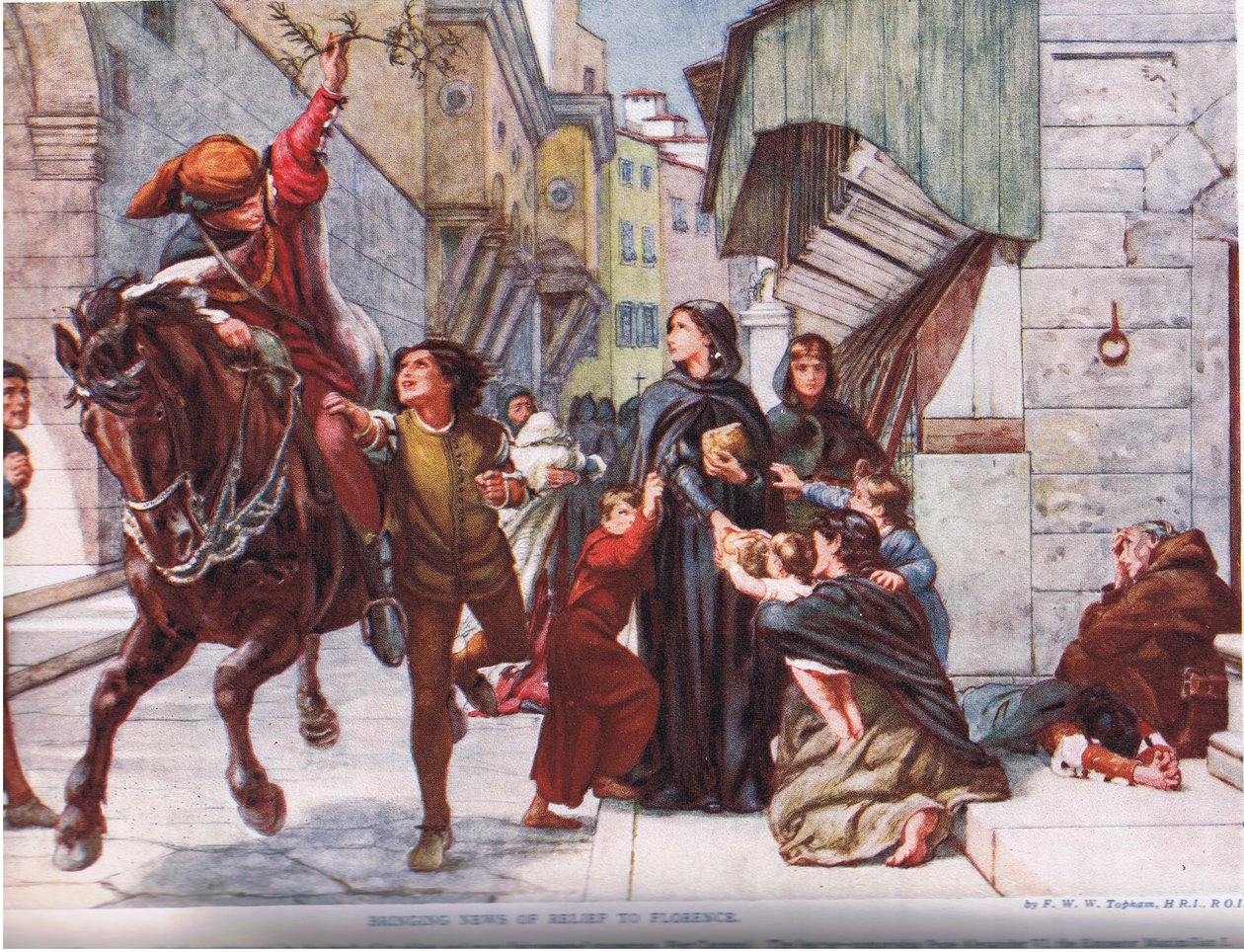 Přinášíme zprávy o úlevě do Florencie, ilustrace z „Hutchinsonových dějin národů“ od Frank William Warwick Topham