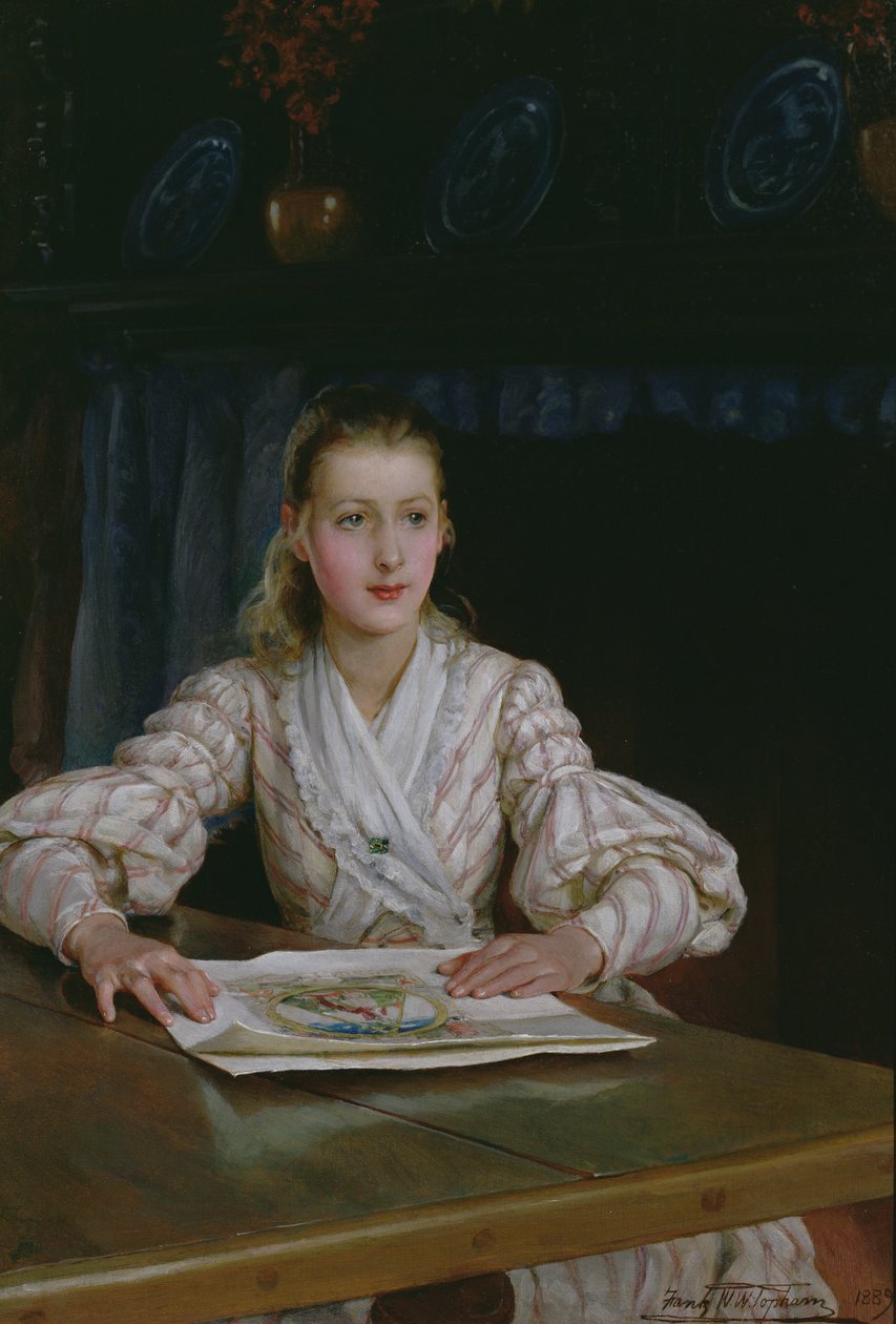 Mladá dívka si prohlíží tisk, 1889 od Frank William Warwick Topham