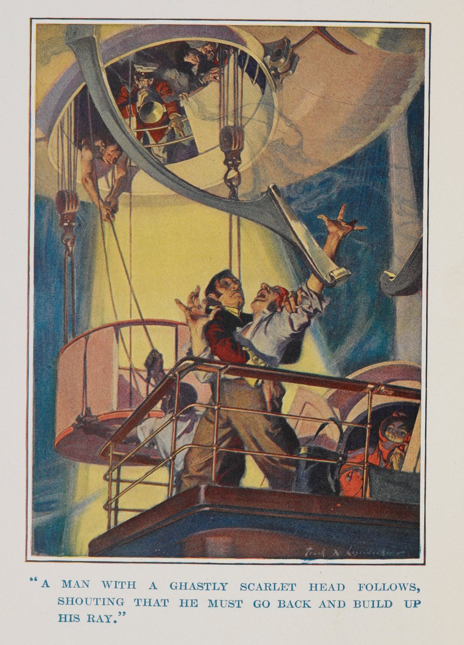"Následuje muž s příšernou hlavou a křičí, že se musí vrátit a vybudovat svůj paprsek." od Frank Xavier Leyendecker