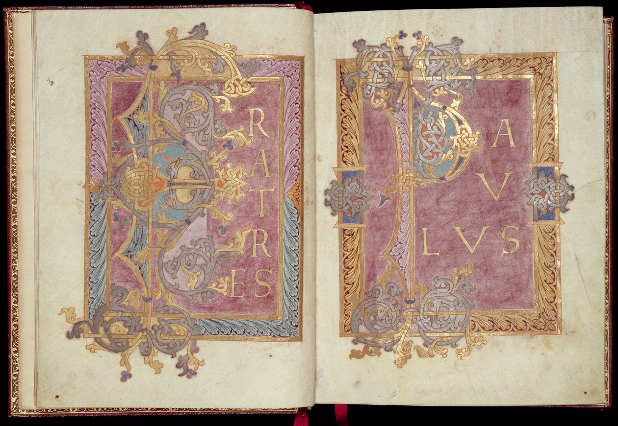 Ms McClean 30, ff.2v-3r: Iniciálové stránky orámované akantovými listy, z Reichenauova epistoláře, konec 10. století (zlatý inkoust a tempera na pergamenu). od Frankish School