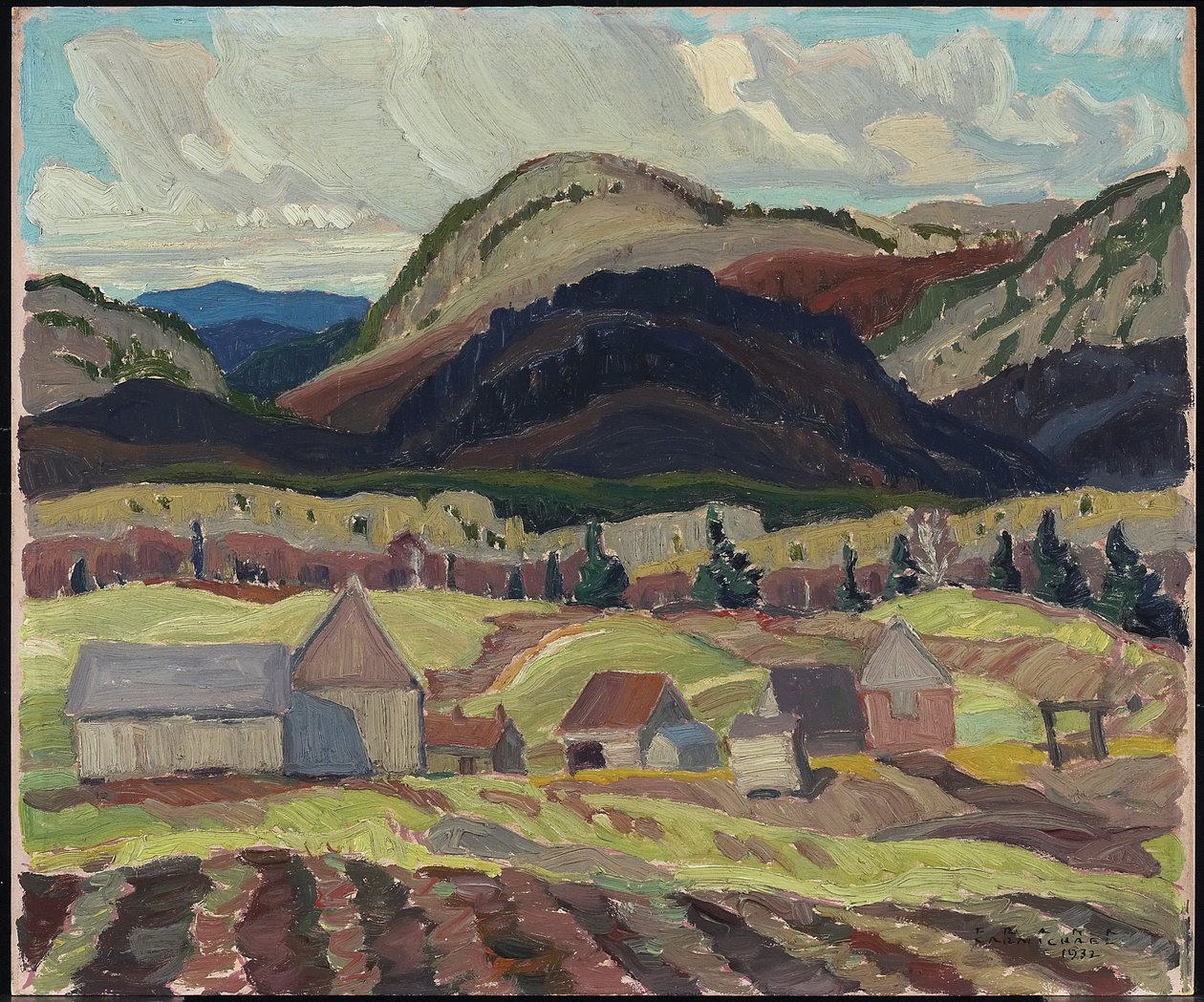 Farm Buildings, La Cloche, 1932 (olej na laminovaném kartonu) od Franklin Carmichael
