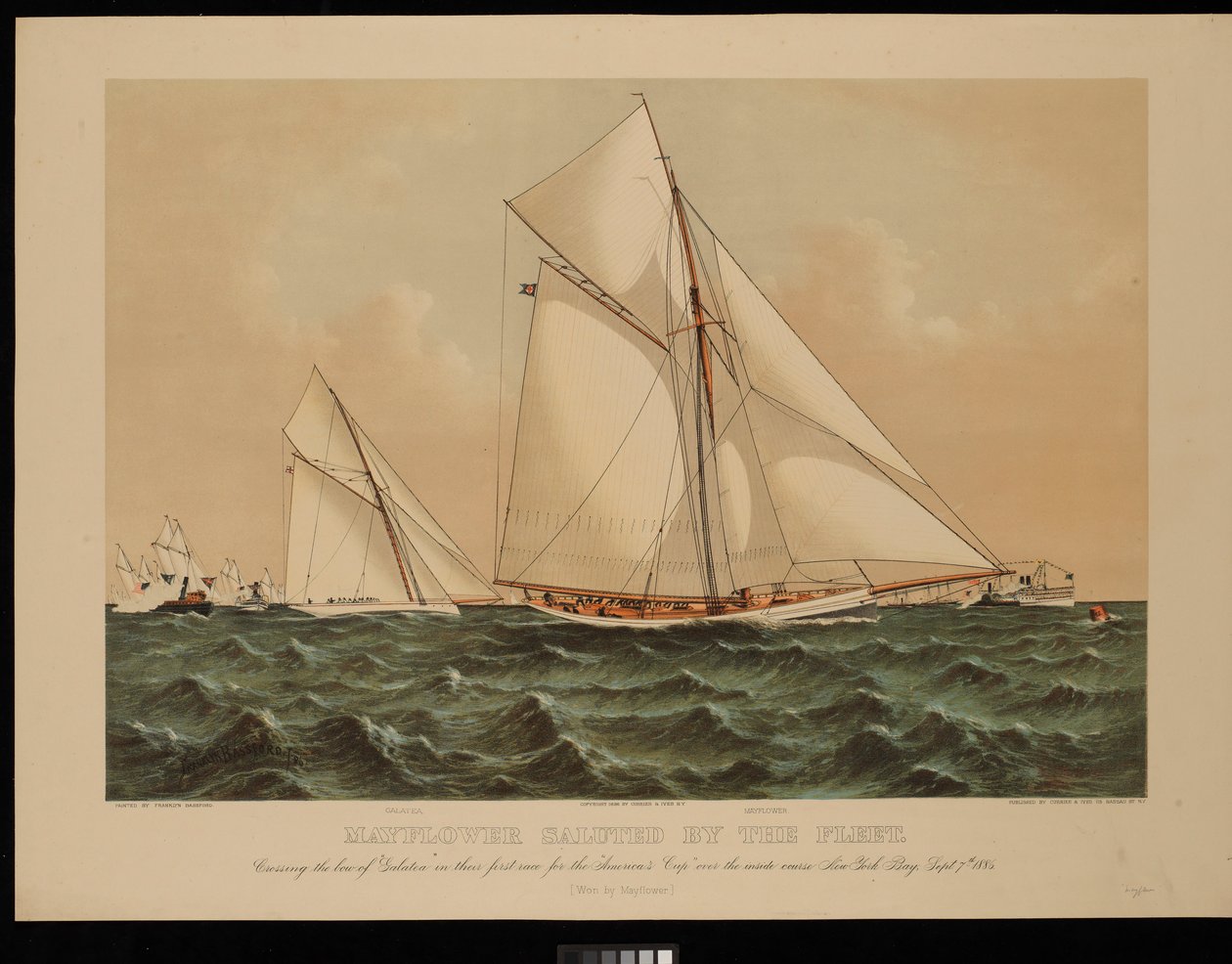 Mayflower pozdravila flotila. Křížení přídě Galatey v prvním závodě o Americký pohár... New York Bay, 7. září 1886 [Vyhrála Mayflower] od Franklyn (after) Bassford