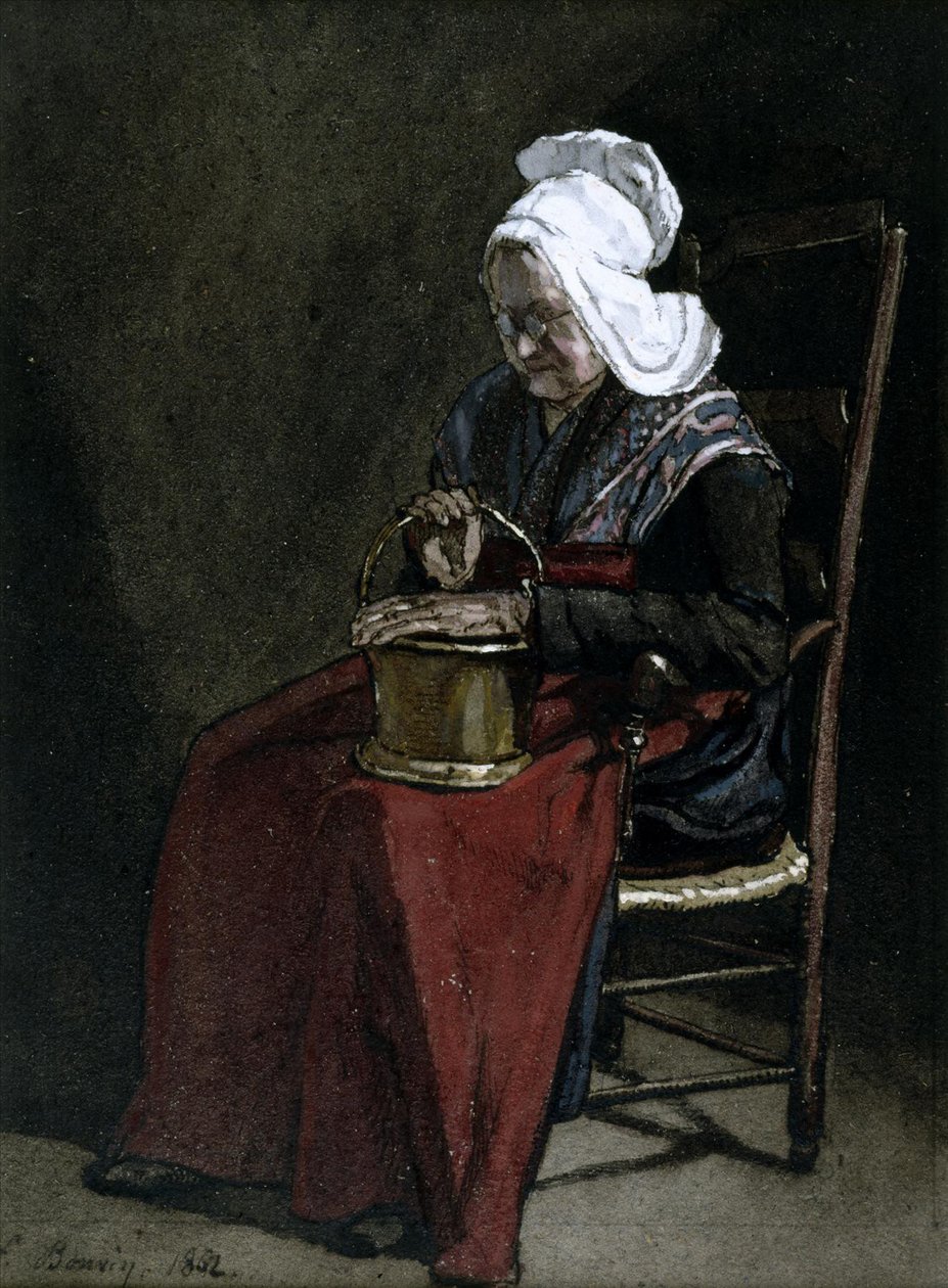 Stará žena s mosazným hrncem, 1862 (čb, tužka a pero na papíře) od François Bonvin