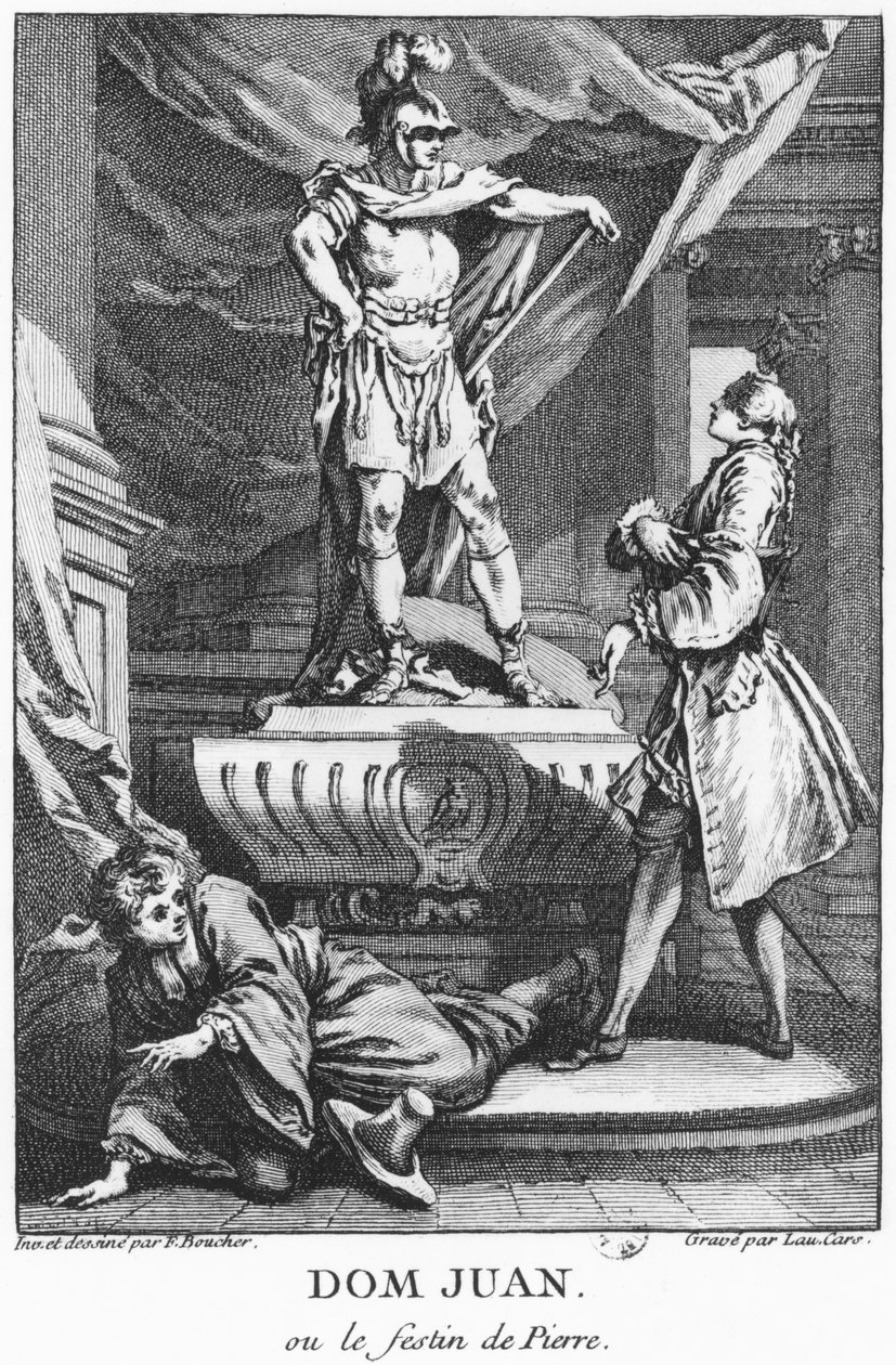Don Juan a Commendatore, ilustrace z „Don Juan, nebo Le Festin de Pierre“ od Jean-Baptiste Poquelina (1622-73), známý jako Moliere, vyrytý Laurentem Carsem (1699-1771) 1770 (bw pho od François Boucher