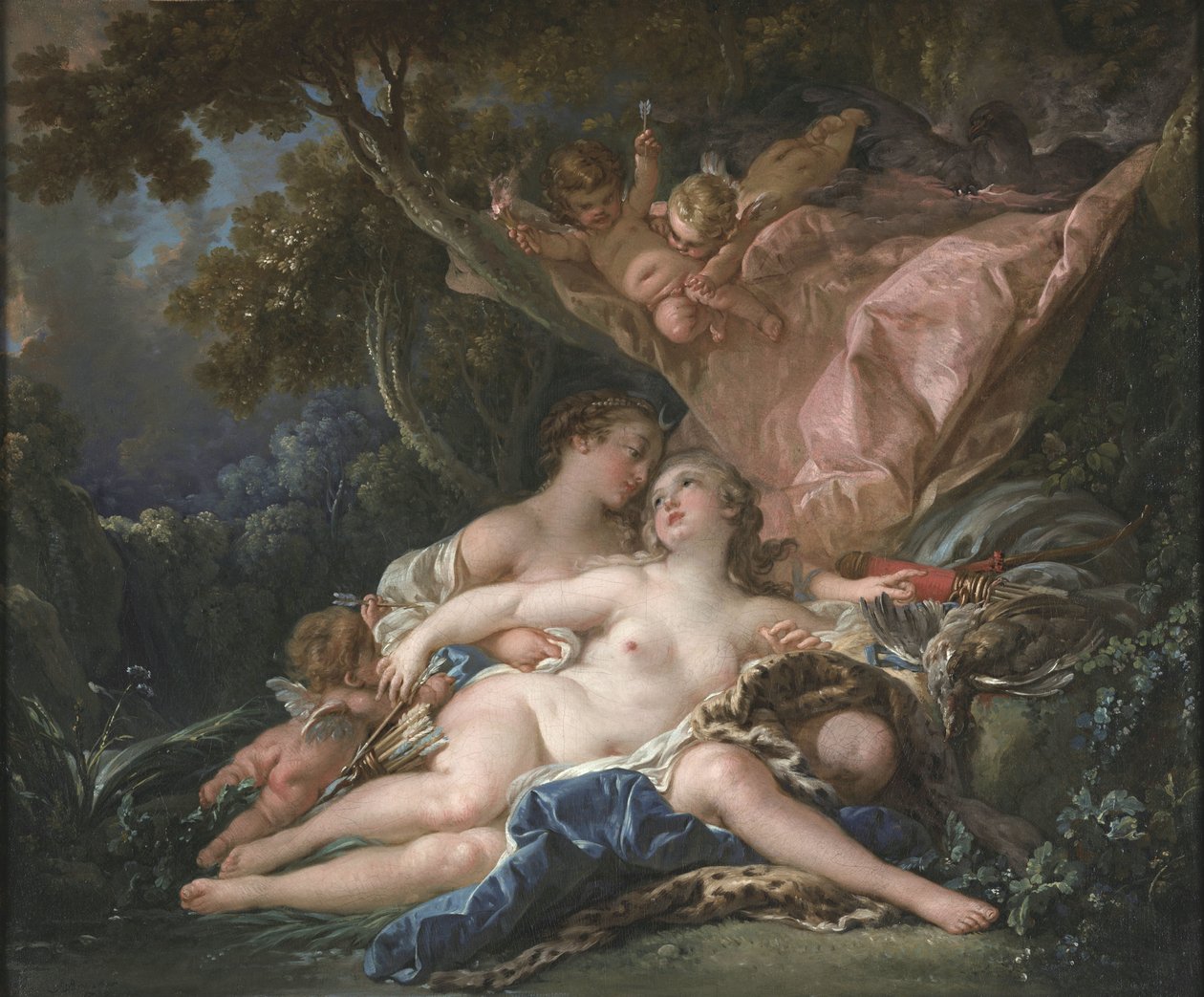 Nymfa Callisto, svedená Jupiterem v podobě Diany od François Boucher