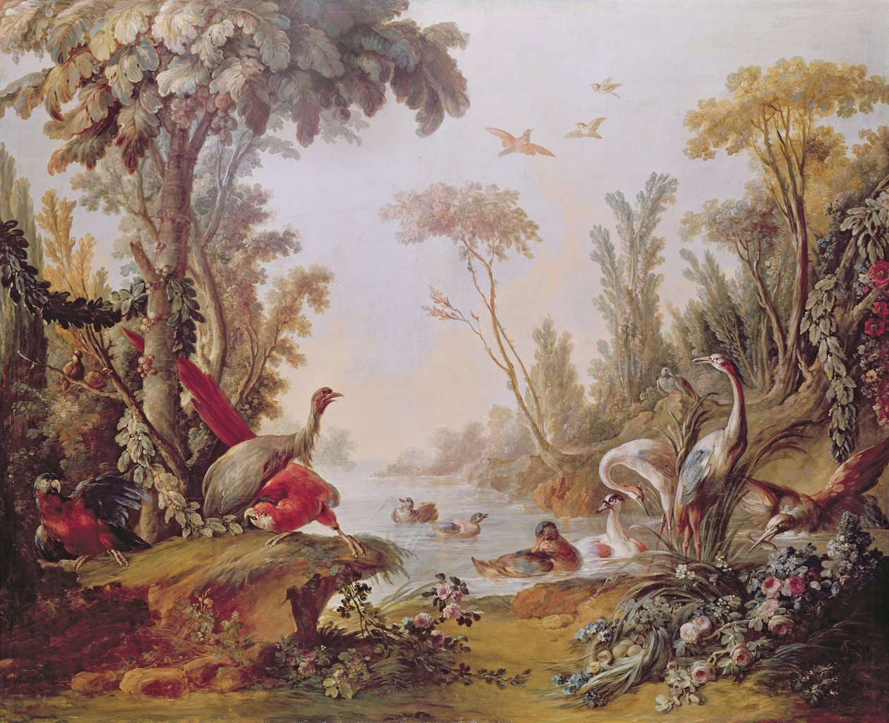 Jezero s husami, čápy, papoušky a volavky, ze salonu Gillese Demarteaua (1722-76) kolem 1750-65 od François Boucher