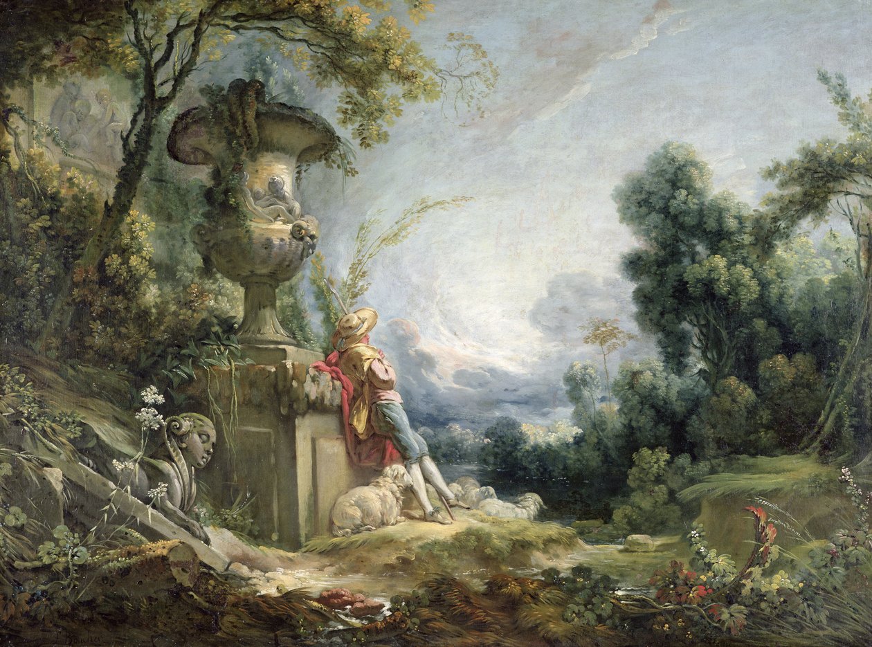 Pastorální scéna aneb Mladý pastýř v krajině od François Boucher