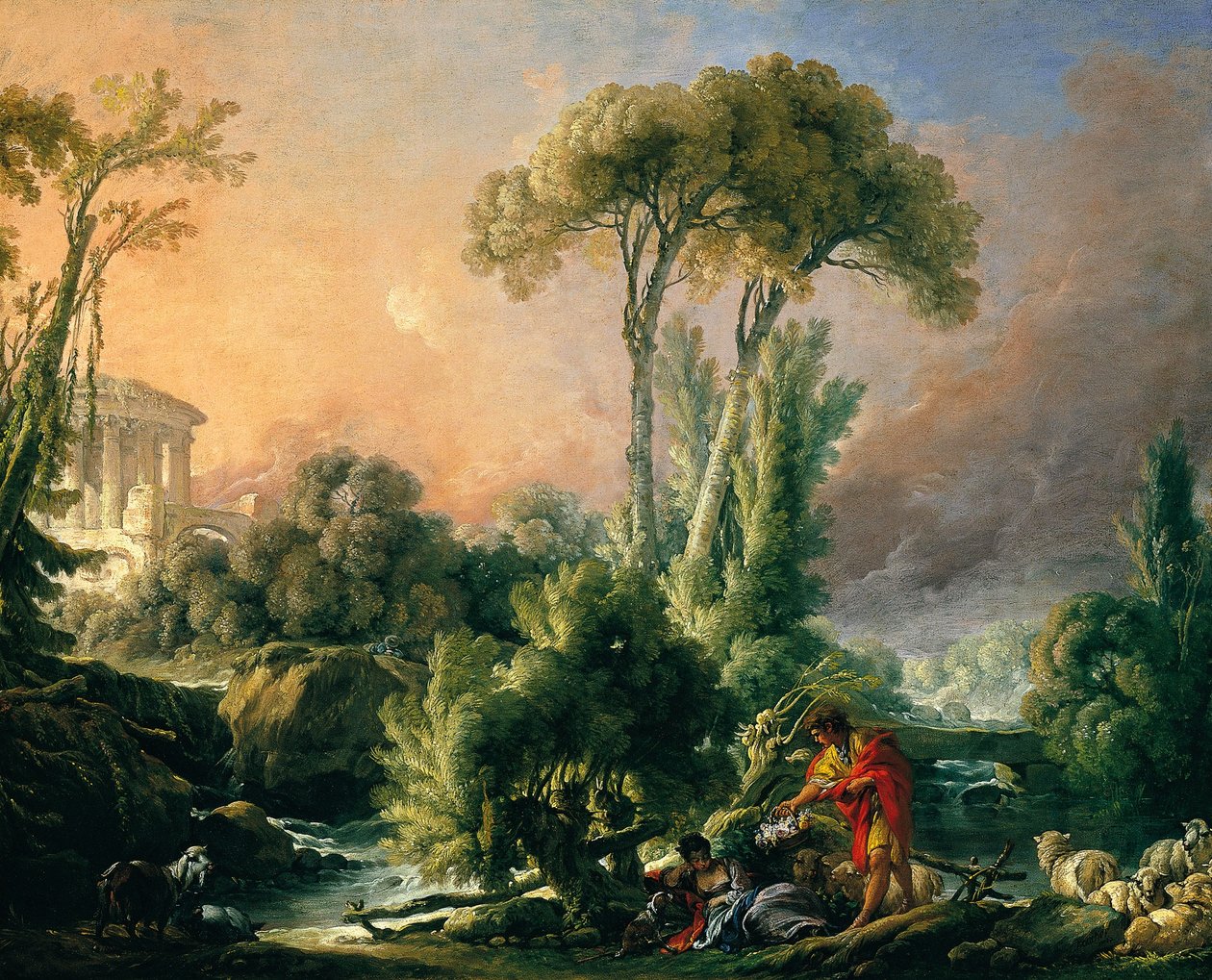 Říční krajina se starověkým chrámem od François Boucher