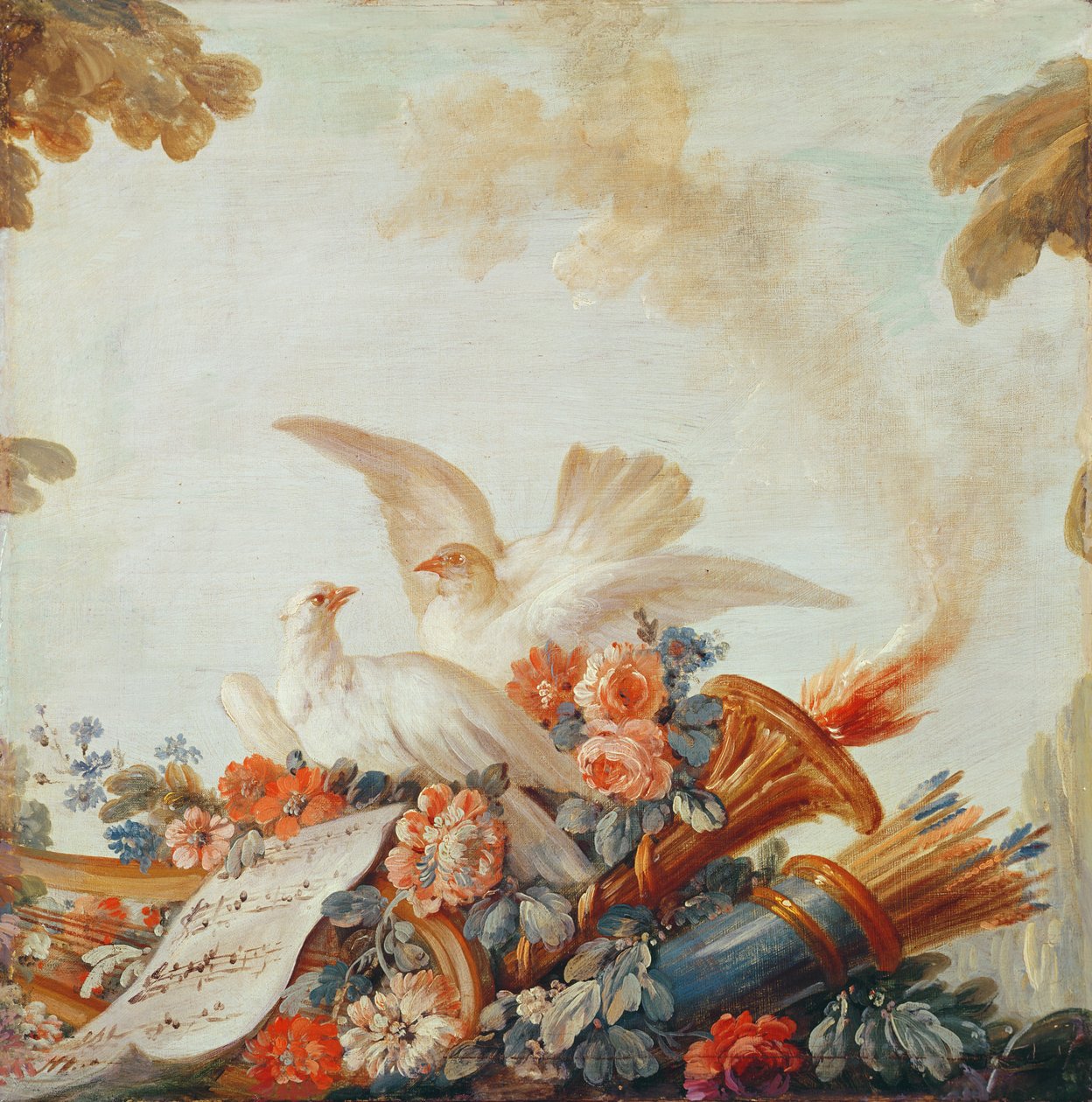 Salon tiskaře Gillese Demarteaua, nade dveřmi: holubice a noty, asi 1750-65 od François Boucher